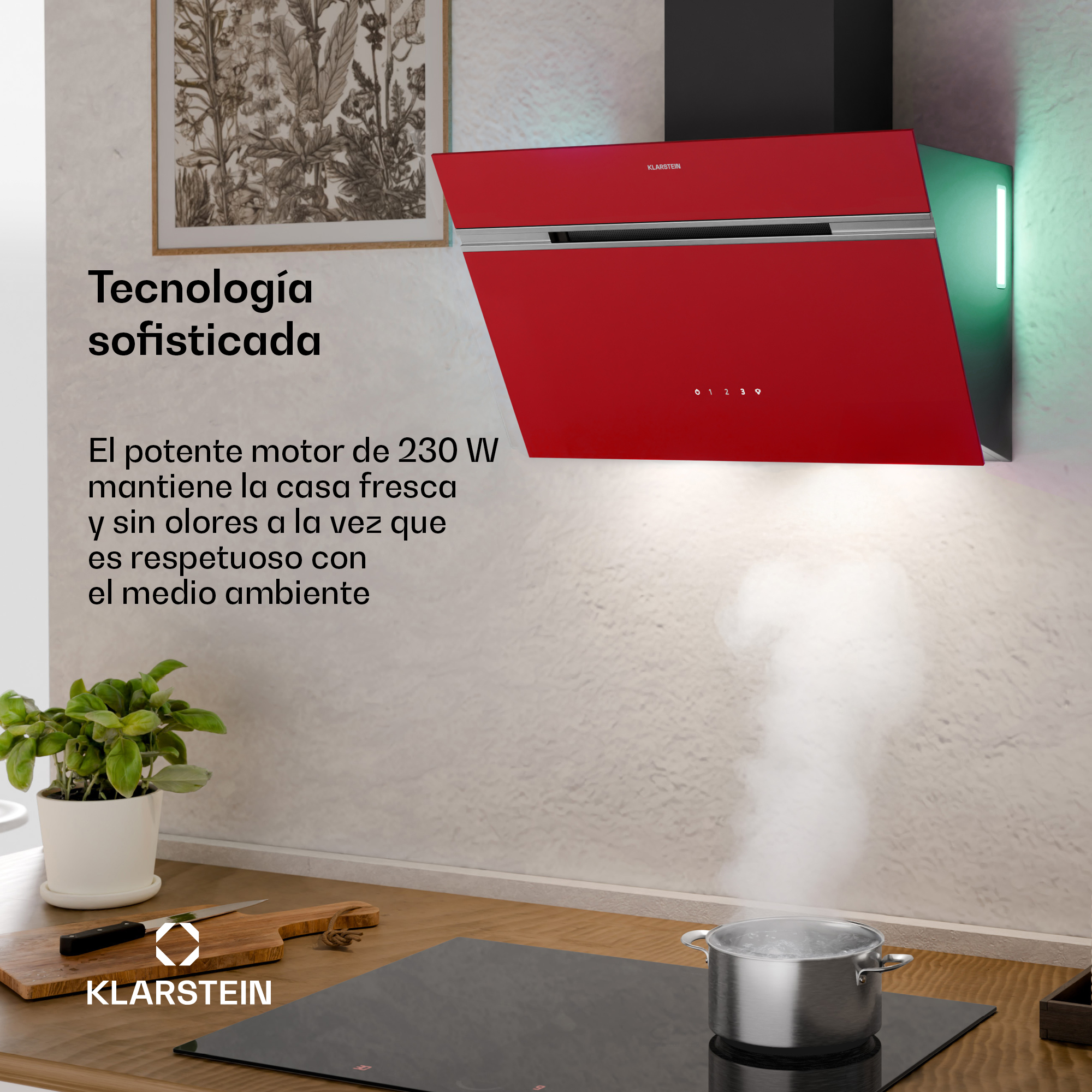 Una campana extractora roja sobre una estufa negra. Una olla hierve en la estufa. Hay una tabla de cortar y una planta cerca.