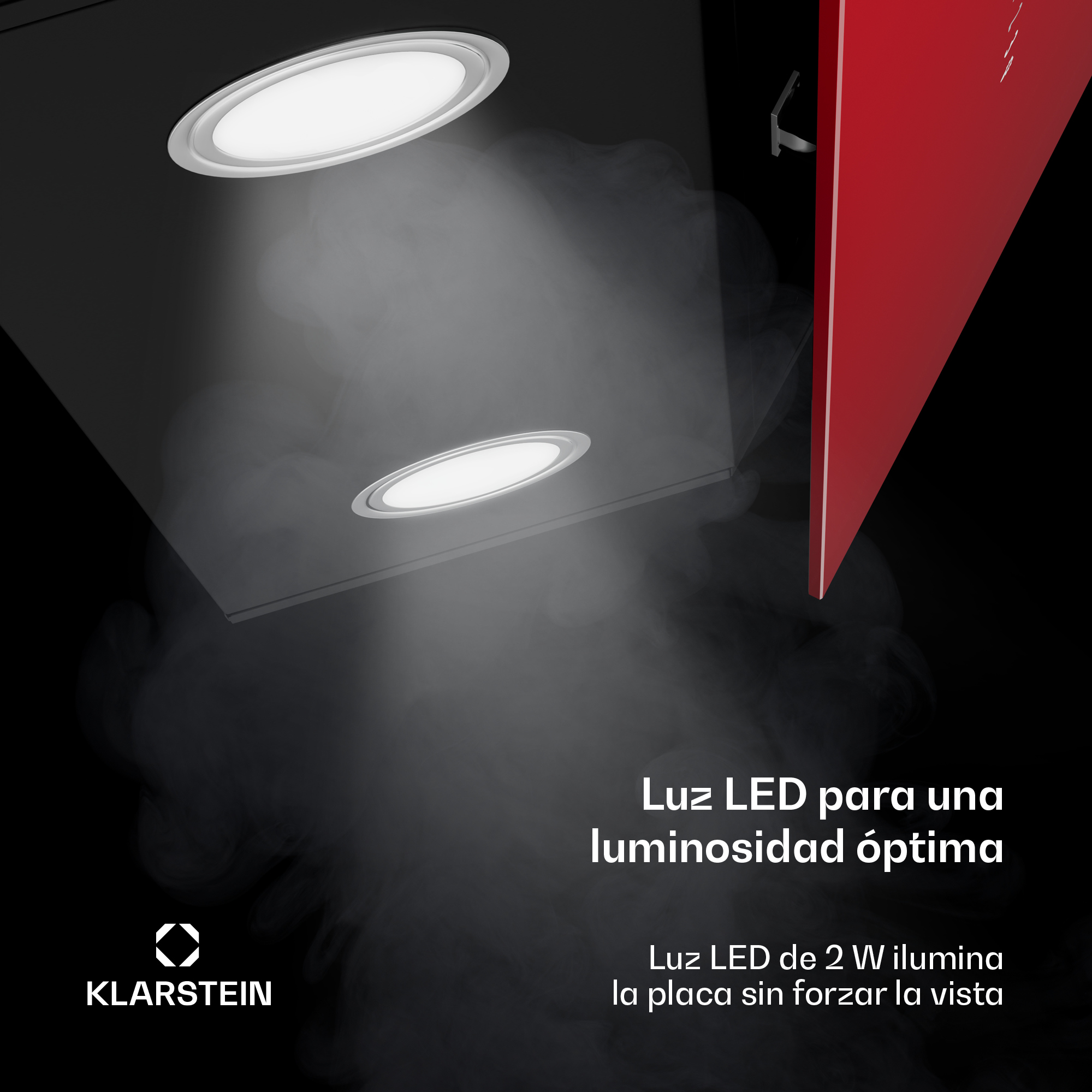 La imagen muestra dos luces LED emitiendo luz. Panel rojo a la derecha. Texto: Luz LED para un brillo óptimo.