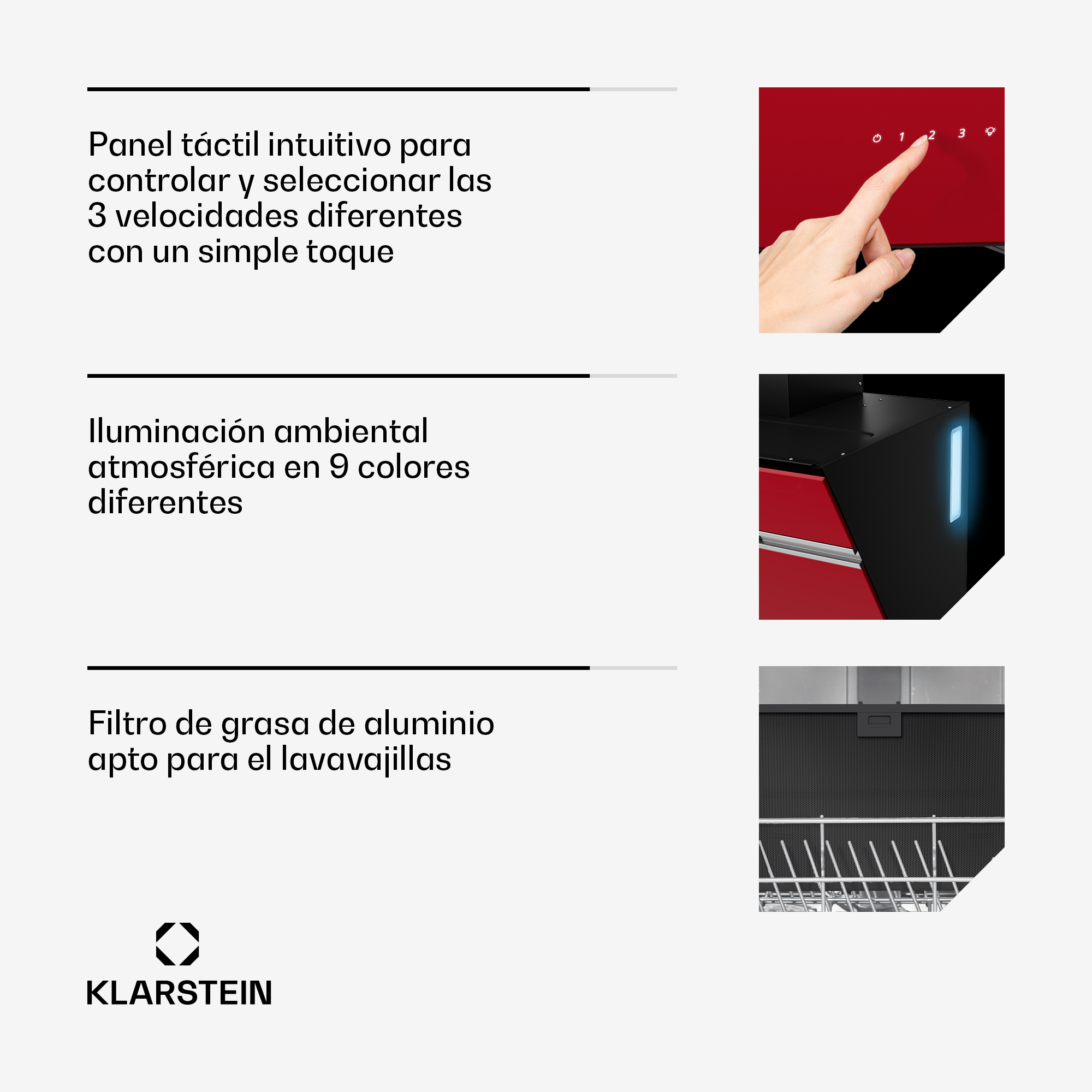 Electrodoméstico de cocina rojo con panel táctil, mano tocando un botón. Texto en español describe características.