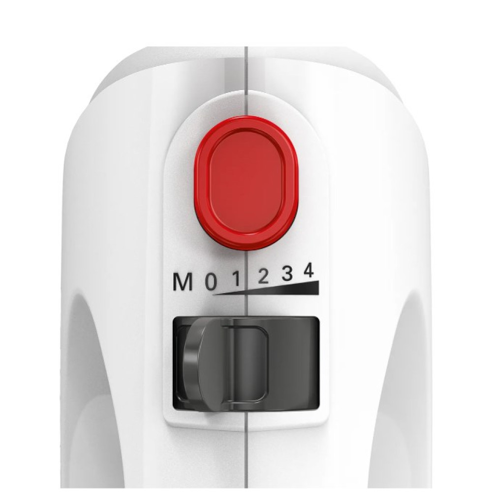Zbliżenie białego urządzenia z czerwonym przyciskiem i czarnym pokrętłem prędkości. Zaznaczone numery 0-4. Widoczny czarny suwak.