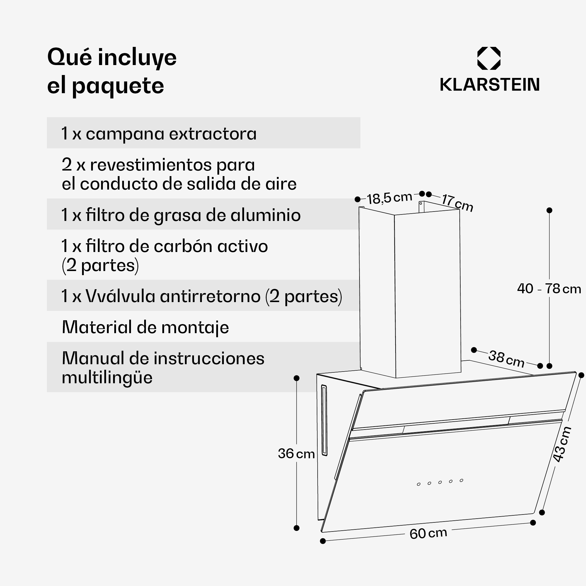 Diagrama de una campana extractora Klarstein, con dimensiones y piezas incluidas como filtros y material de montaje.