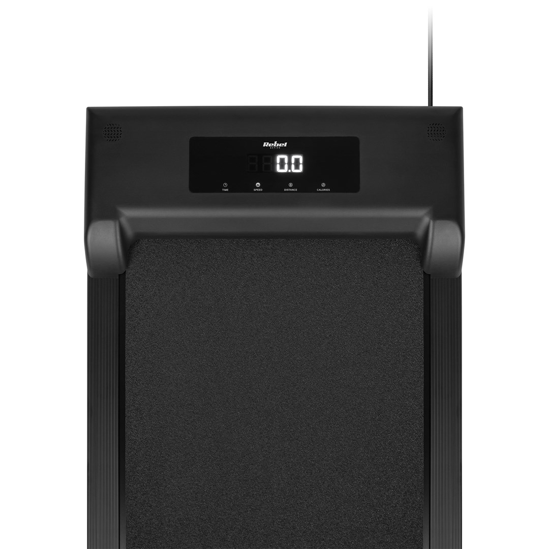 Czarna bieżnia z cyfrowym wyświetlaczem 88,0. Widoczne przyciski czasu, prędkości, dystansu i kalorii.