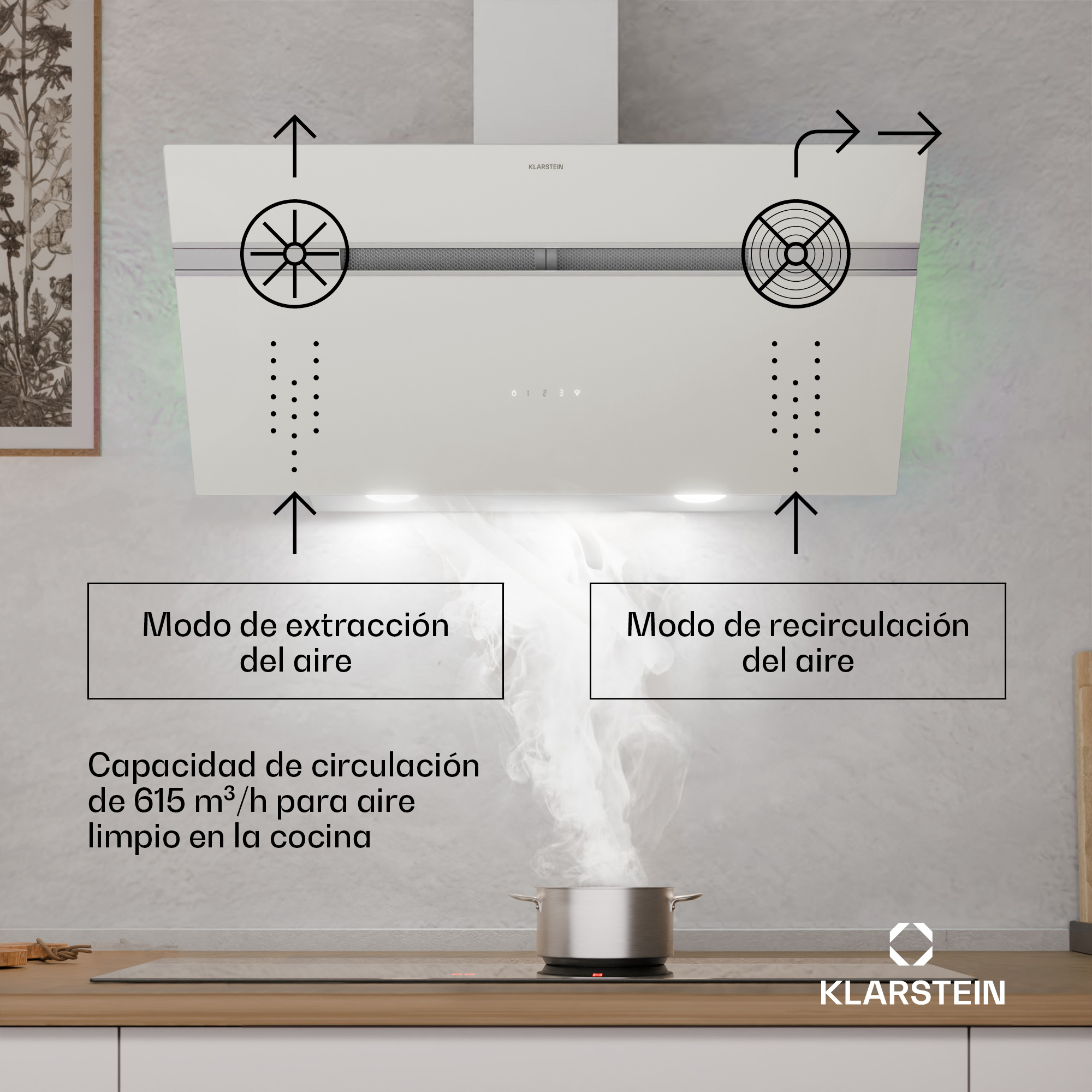 Una campana extractora blanca con flechas, texto y una olla en una estufa. La marca es Klarstein.