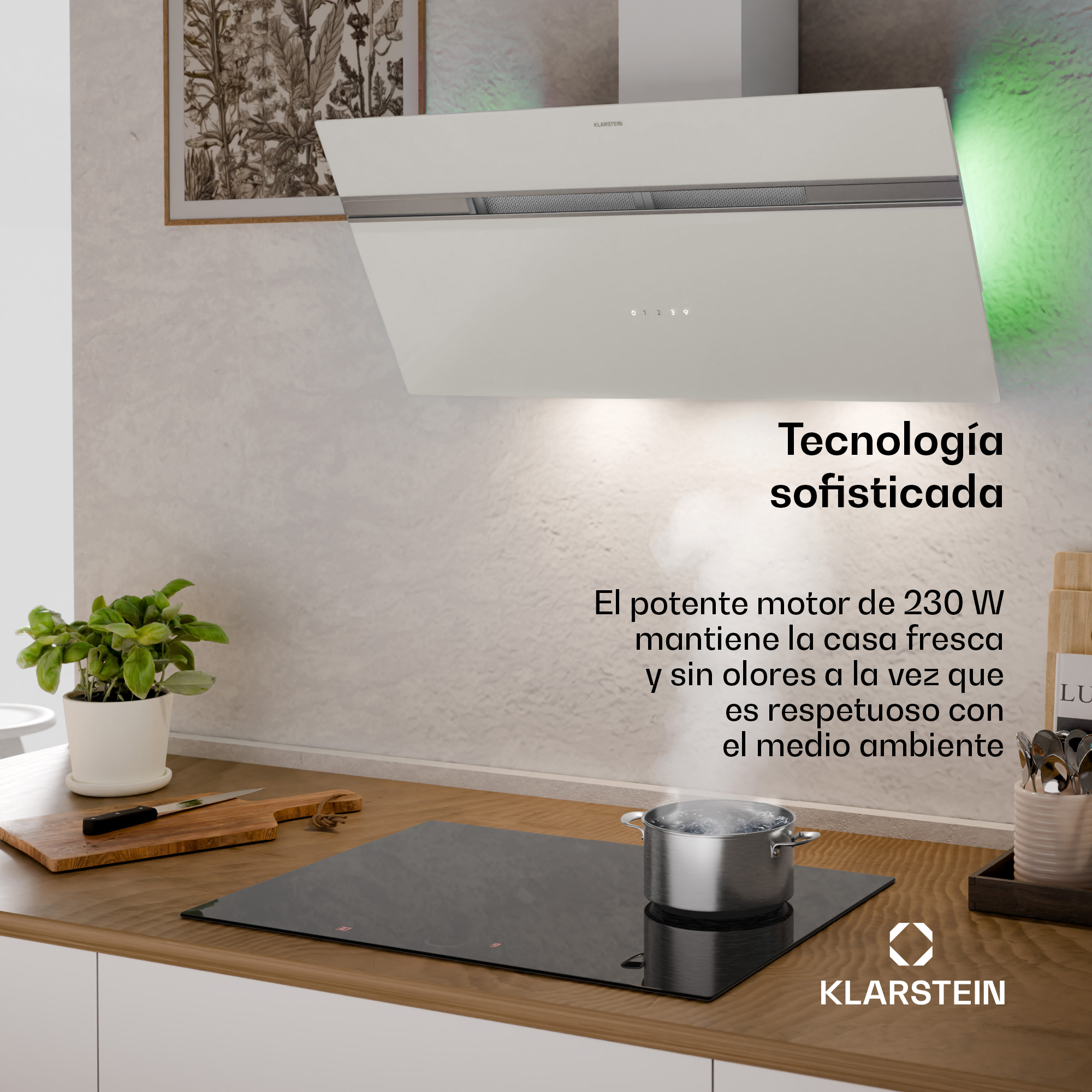 Escena de cocina con campana extractora blanca, estufa negra y olla con vapor. Hay una planta y una tabla de cortar.