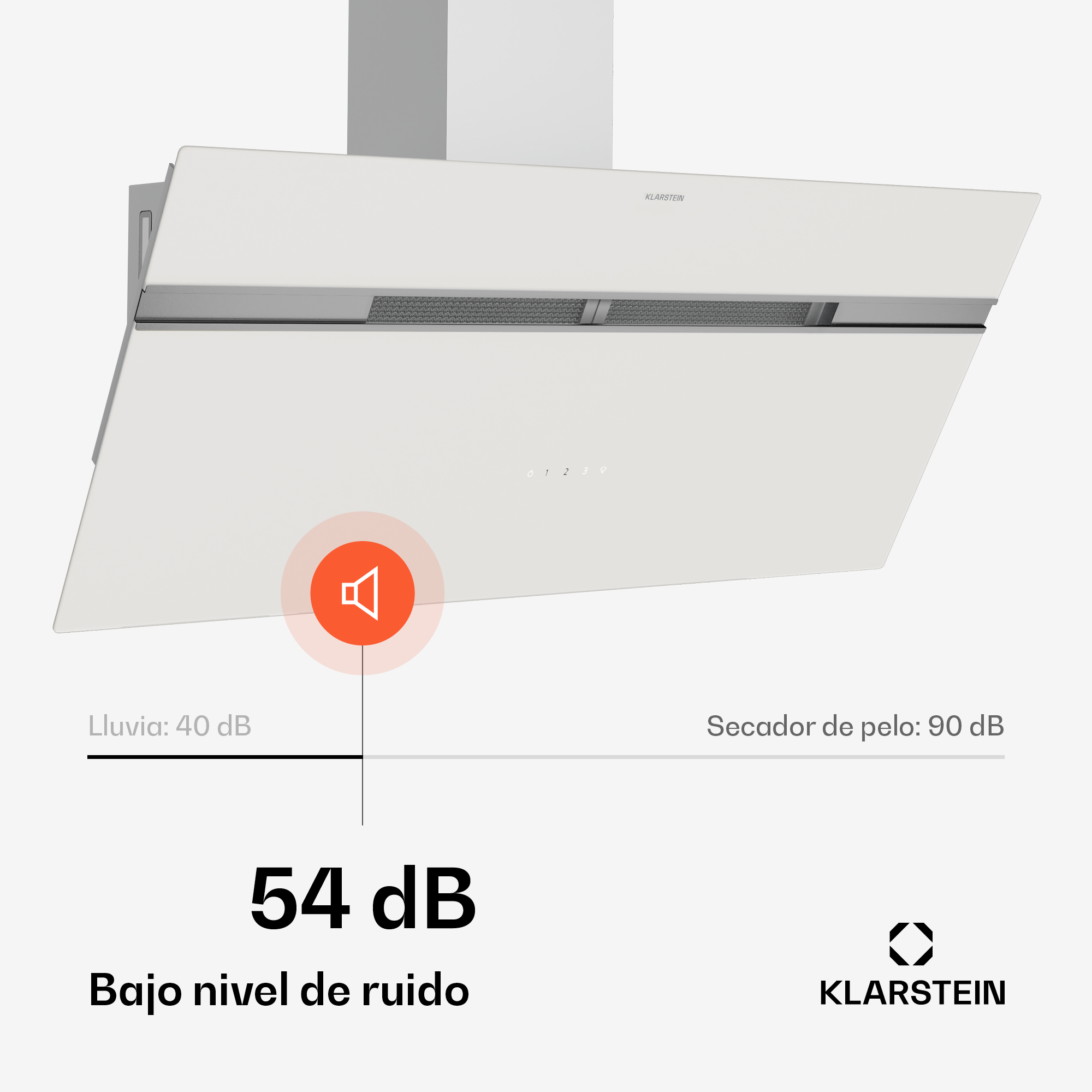 Una campana extractora Klarstein blanca. Muestra un nivel de ruido de 54 dB, descrito como bajo ruido.