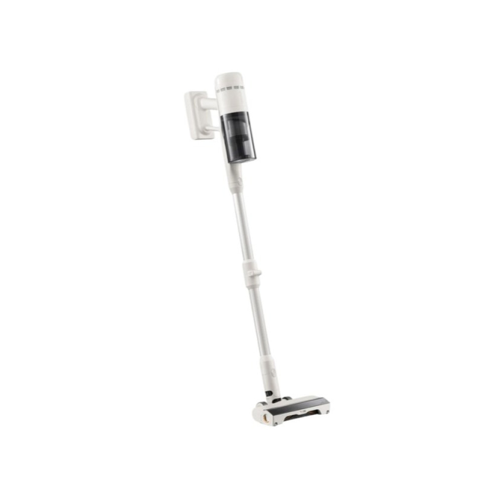 Biały i srebrny odkurzacz bezprzewodowy na białym tle. Jest pionowy, z długim uchwytem i głowicą szczotkową.