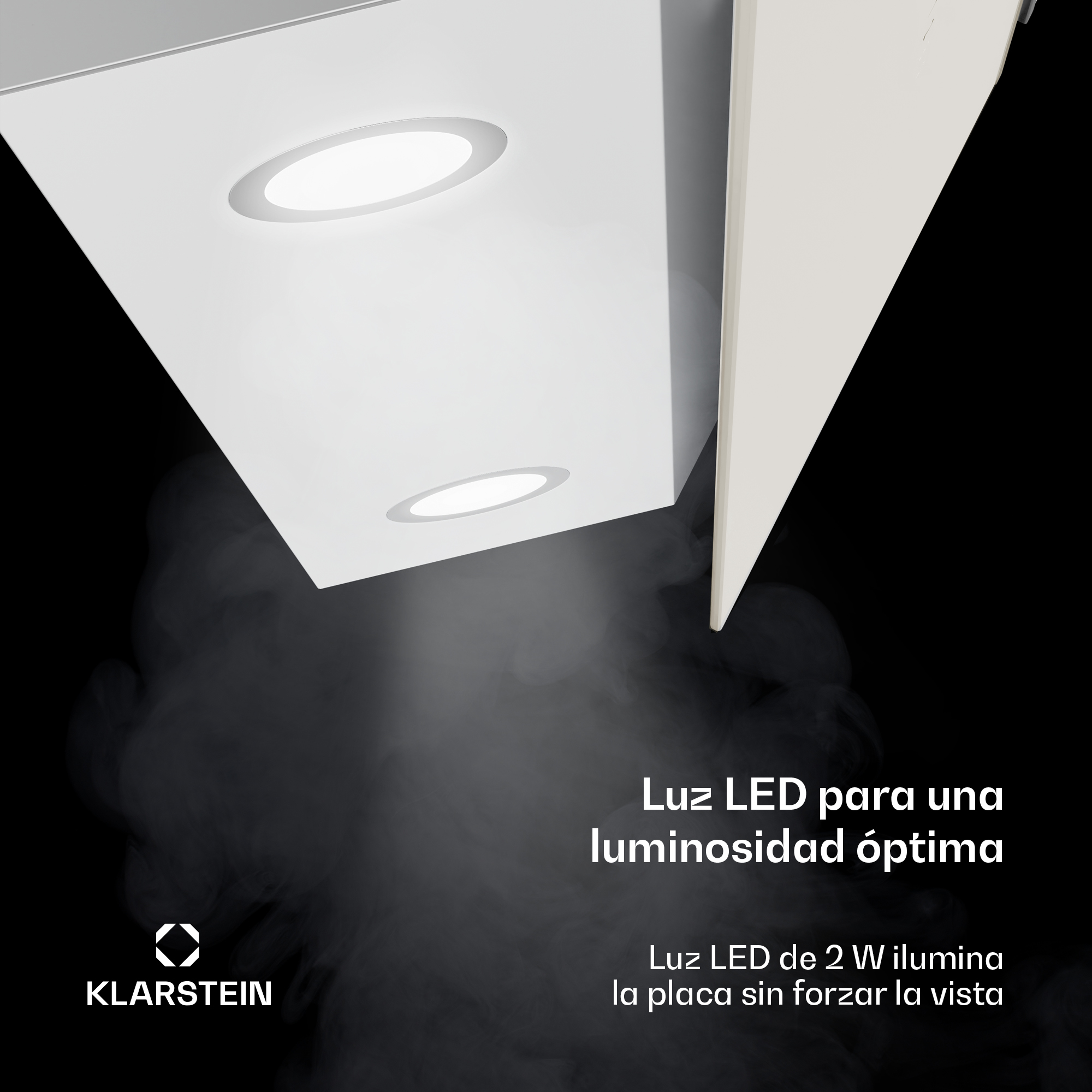 Panel blanco con dos luces, efecto humo y texto: Luz LED para un brillo óptimo.