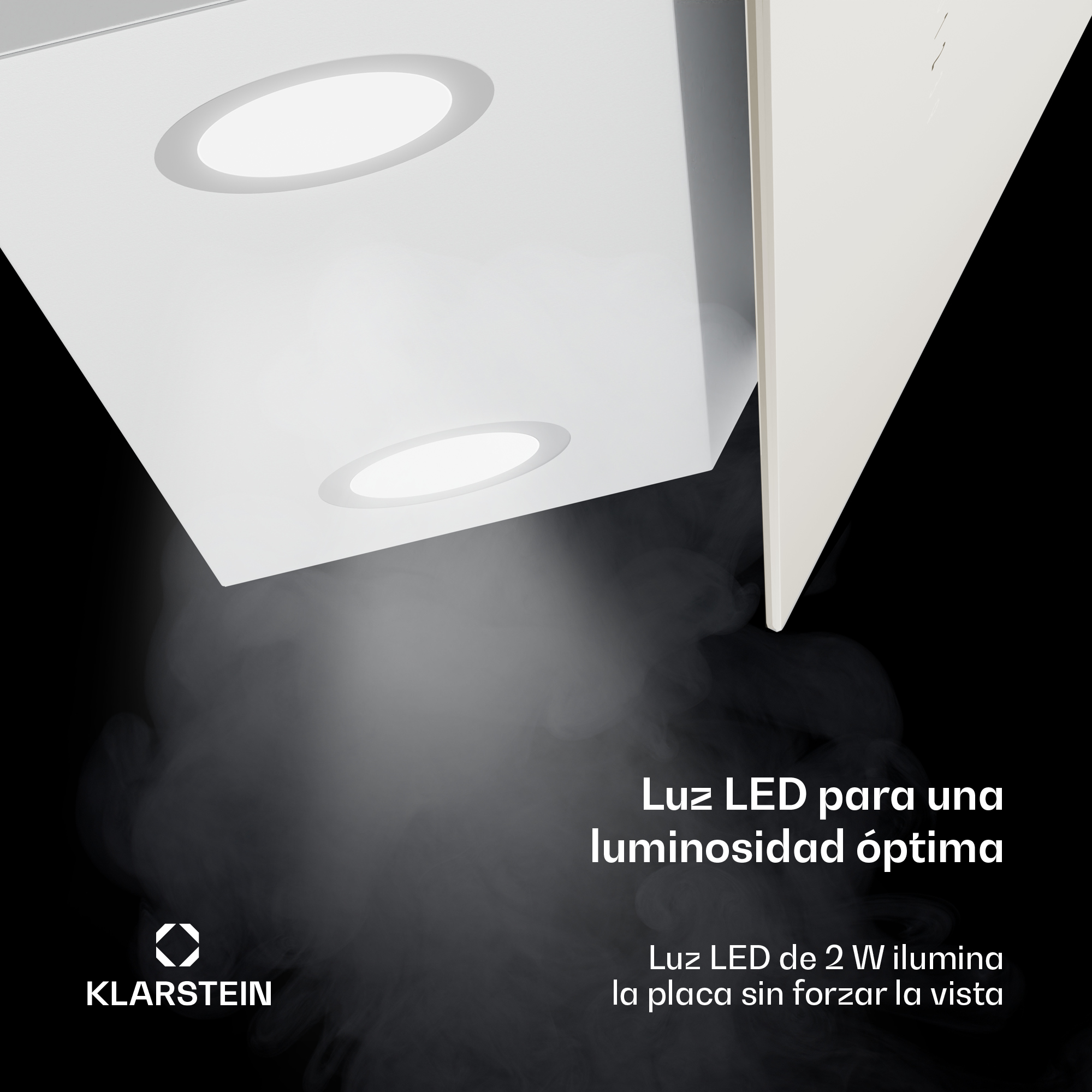 Luminaria de techo blanca con dos luces LED redondas. Texto en español y el logotipo de Klarstein.