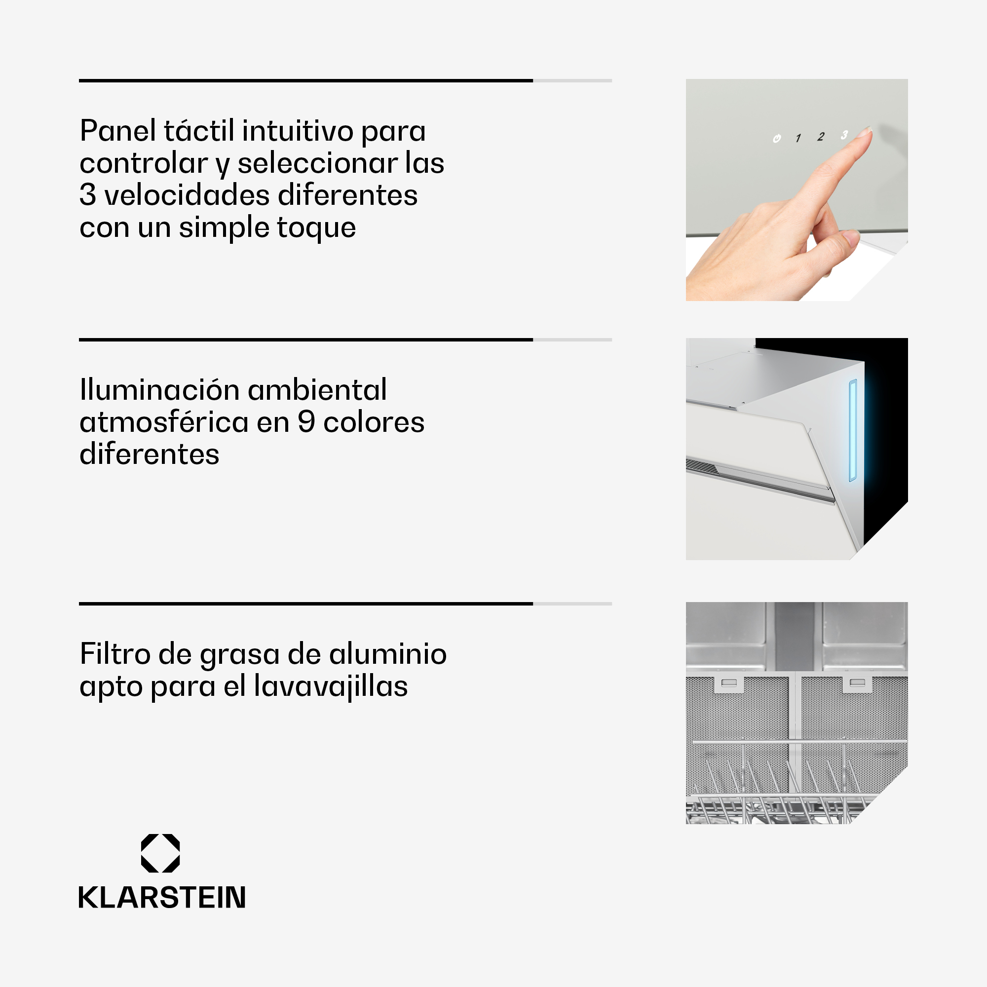 La imagen muestra una mano tocando un panel de control. El texto describe las características de un electrodoméstico de cocina, incluyendo ajustes de velocidad e iluminación.