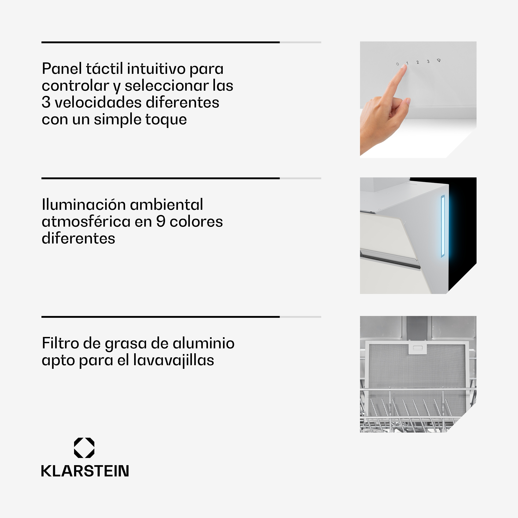 Imagen muestra una campana extractora blanca con controles táctiles y una mano tocándola. El texto resalta las características.