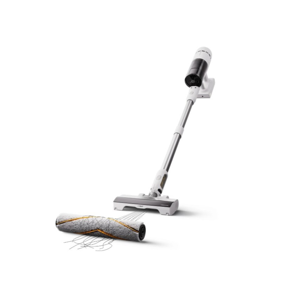 Biały i srebrny odkurzacz bezprzewodowy z czarnym topem na białym tle. Szczotka leży na podłodze.