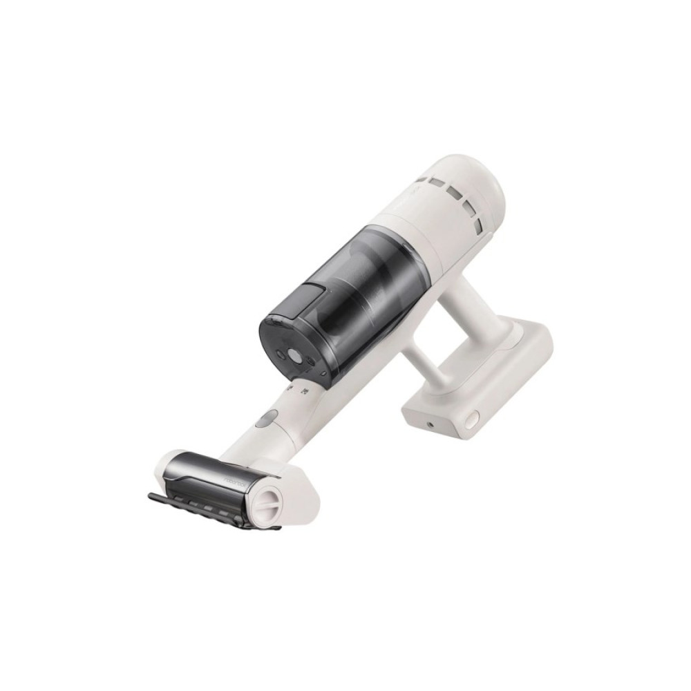Biało-czarny odkurzacz bezprzewodowy na białym tle. Posiada uchwyt, pojemnik na kurz i głowicę czyszczącą.