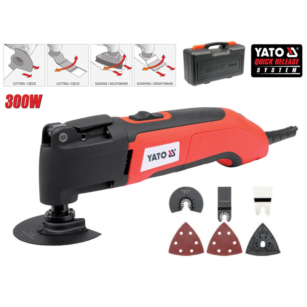 Multiutensile YATO rosso e nero con accessori, tra cui lame e tamponi abrasivi, e una custodia per il trasporto.