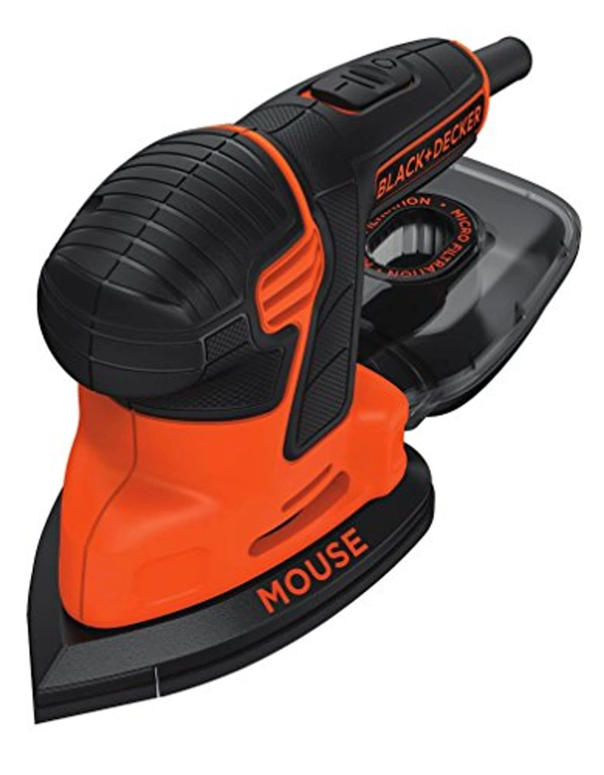Czarno-pomarańczowa szlifierka Black+Decker Mouse na białym tle. Ma trójkątną podstawę i pojemnik na pył.