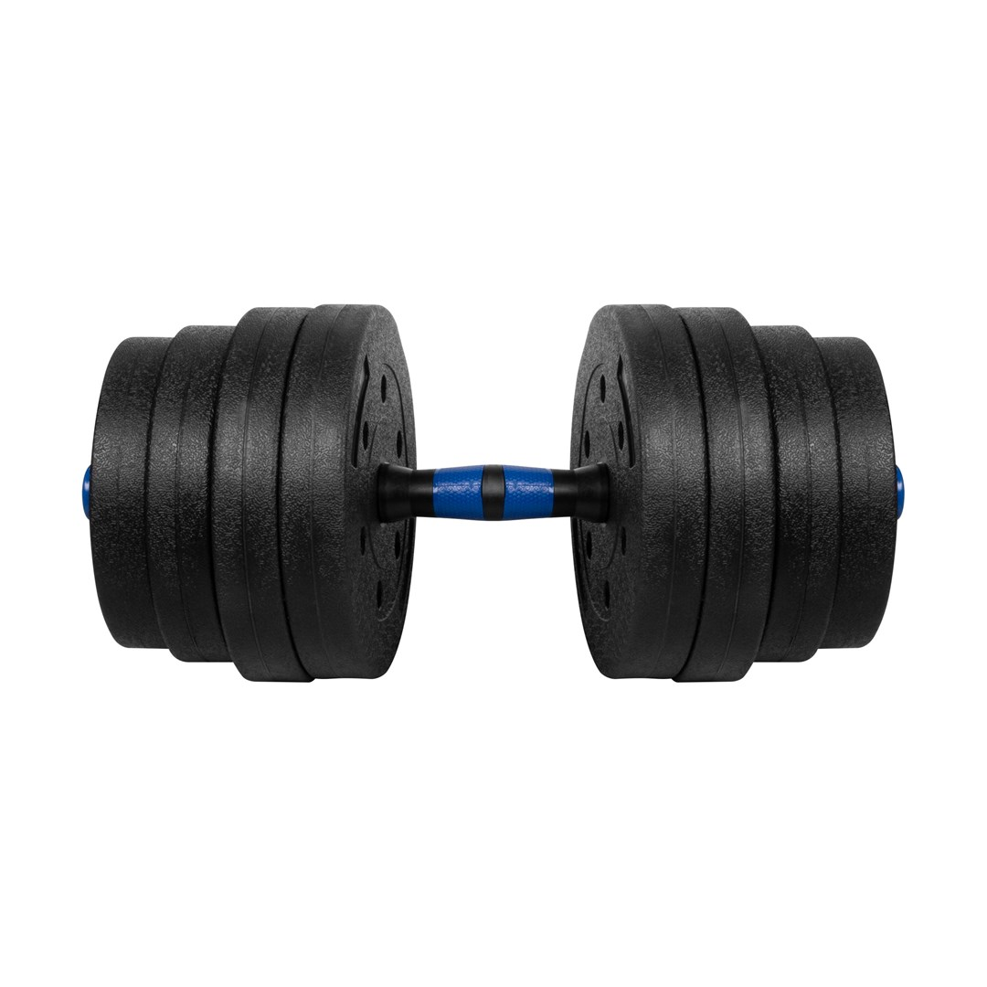 Hantle z czarnymi talerzami po każdej stronie, połączone niebiesko-czarnym uchwytem, na białym tle.