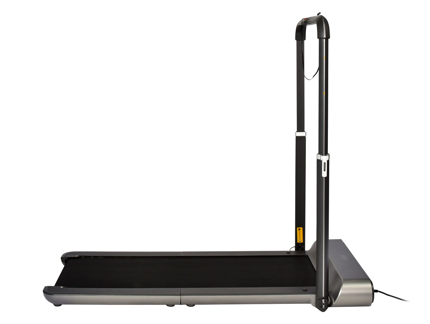 Szara bieżnia z czarnym pasem i pionową ramą podporową. Rama ma uchwyt u góry. Widoczny jest kabel zasilający.