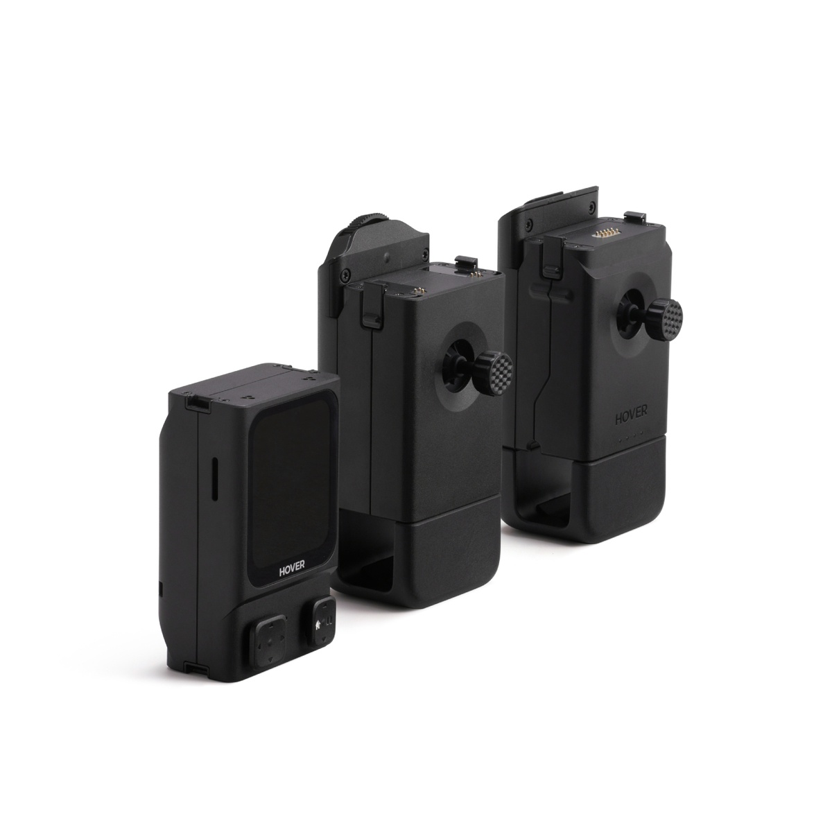 Trzy czarne urządzenia Hover na białym tle. Każde ma inny rozmiar i funkcje, w tym przyciski i ekran.