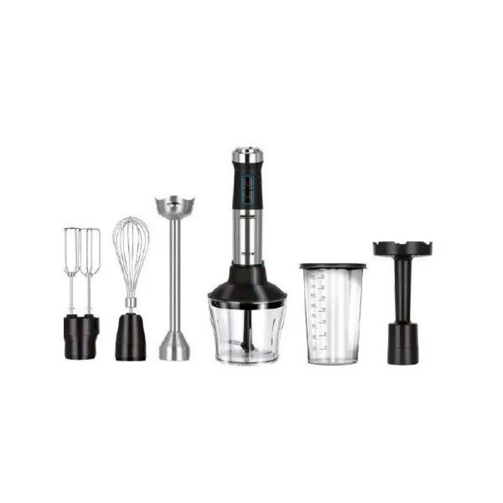 Un set di elettrodomestici da cucina tra cui un frullatore, fruste e accessori per tritare, il tutto su sfondo bianco.