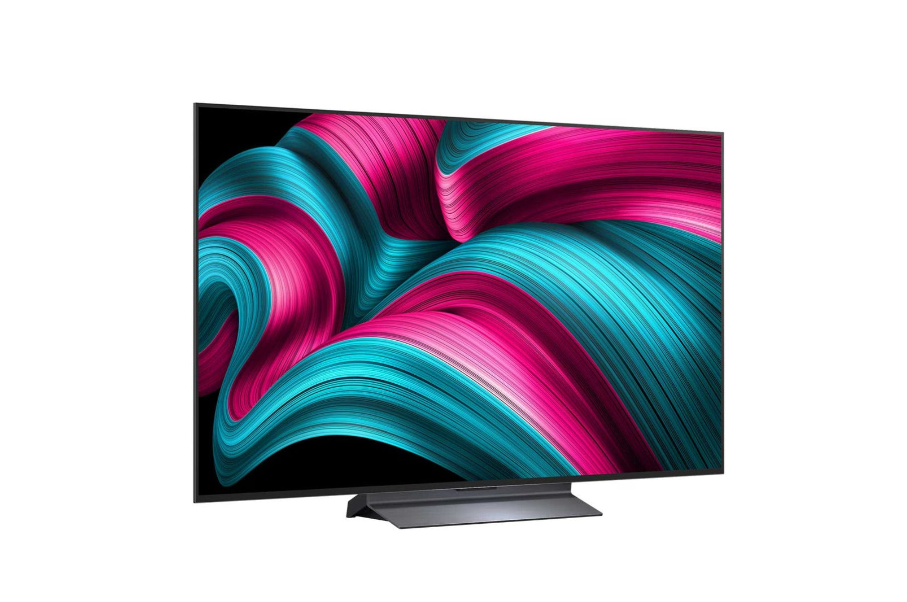 Een grote tv toont een wervelend patroon van roze en blauwgroen. Hij staat op een grijze standaard, geïsoleerd op een witte achtergrond.