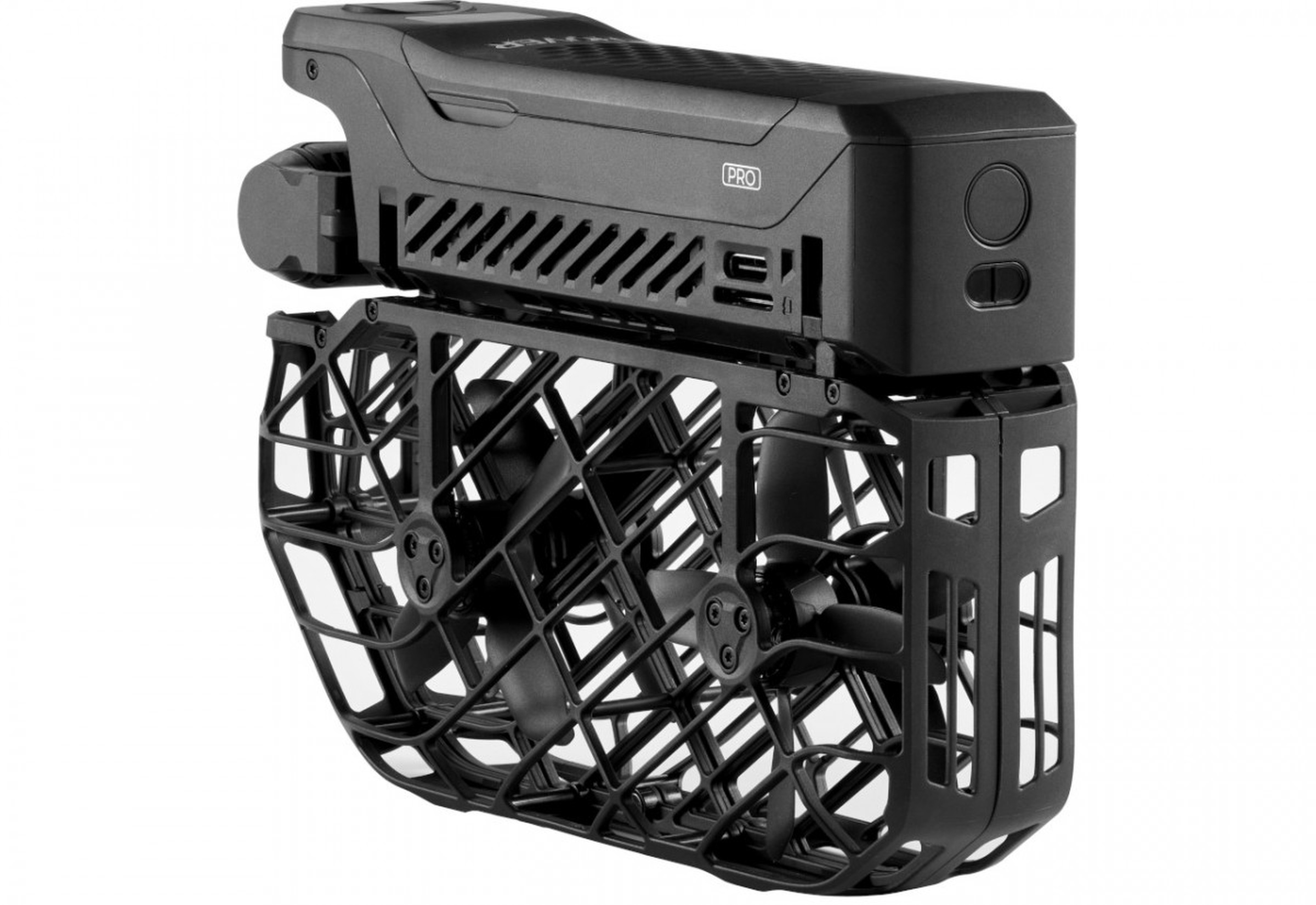 Czarne urządzenie podobne do drona z konstrukcją przypominającą klatkę. Ma śmigła i prostokątny korpus z napisem PRO.