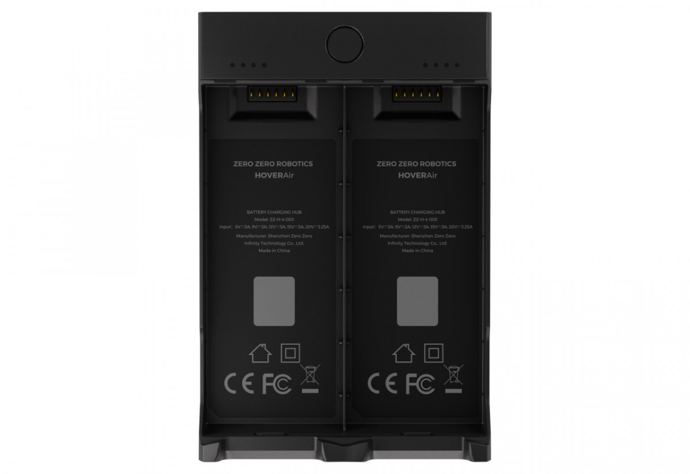 Czarny hub ładujący z dwoma zatokami, etykietami tekstowymi i lampkami kontrolnymi. Marka to HoverAir.