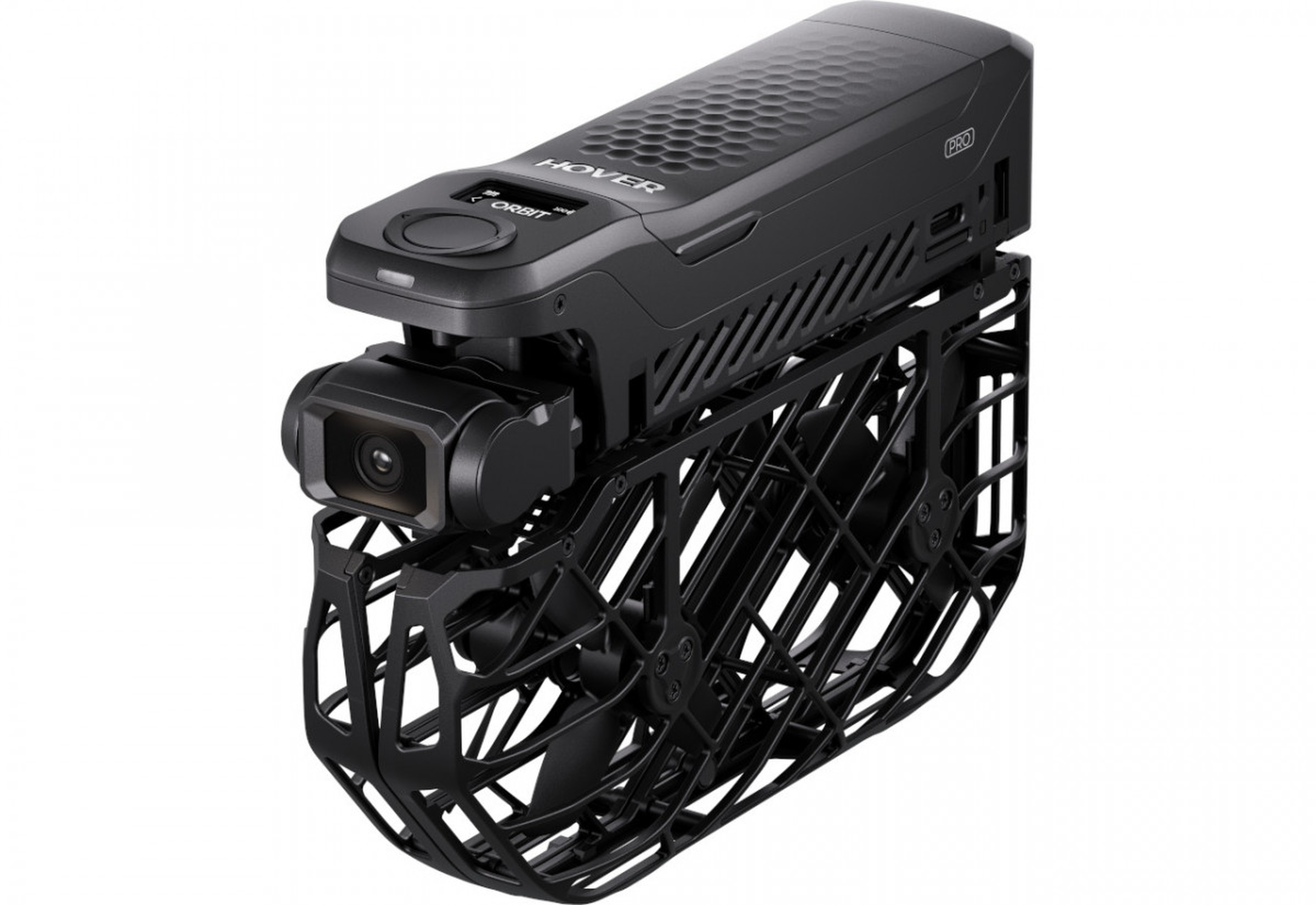 Czarny dron z napisem 'HOVER'. Posiada kamerę i klatkę ochronną.