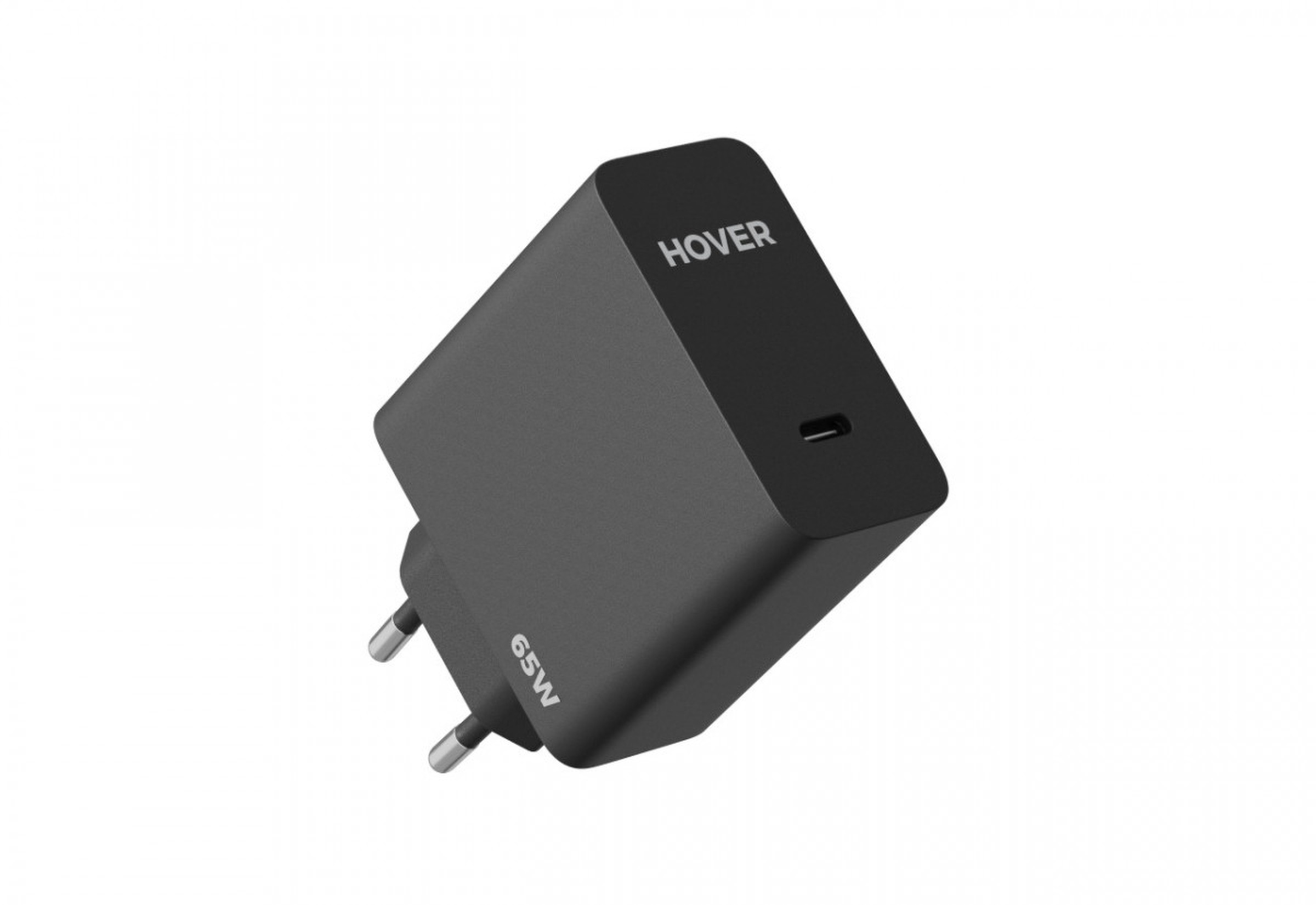 Czarna ładowarka Hover 65W z portem USB-C, dwoma bolcami i białym tłem.