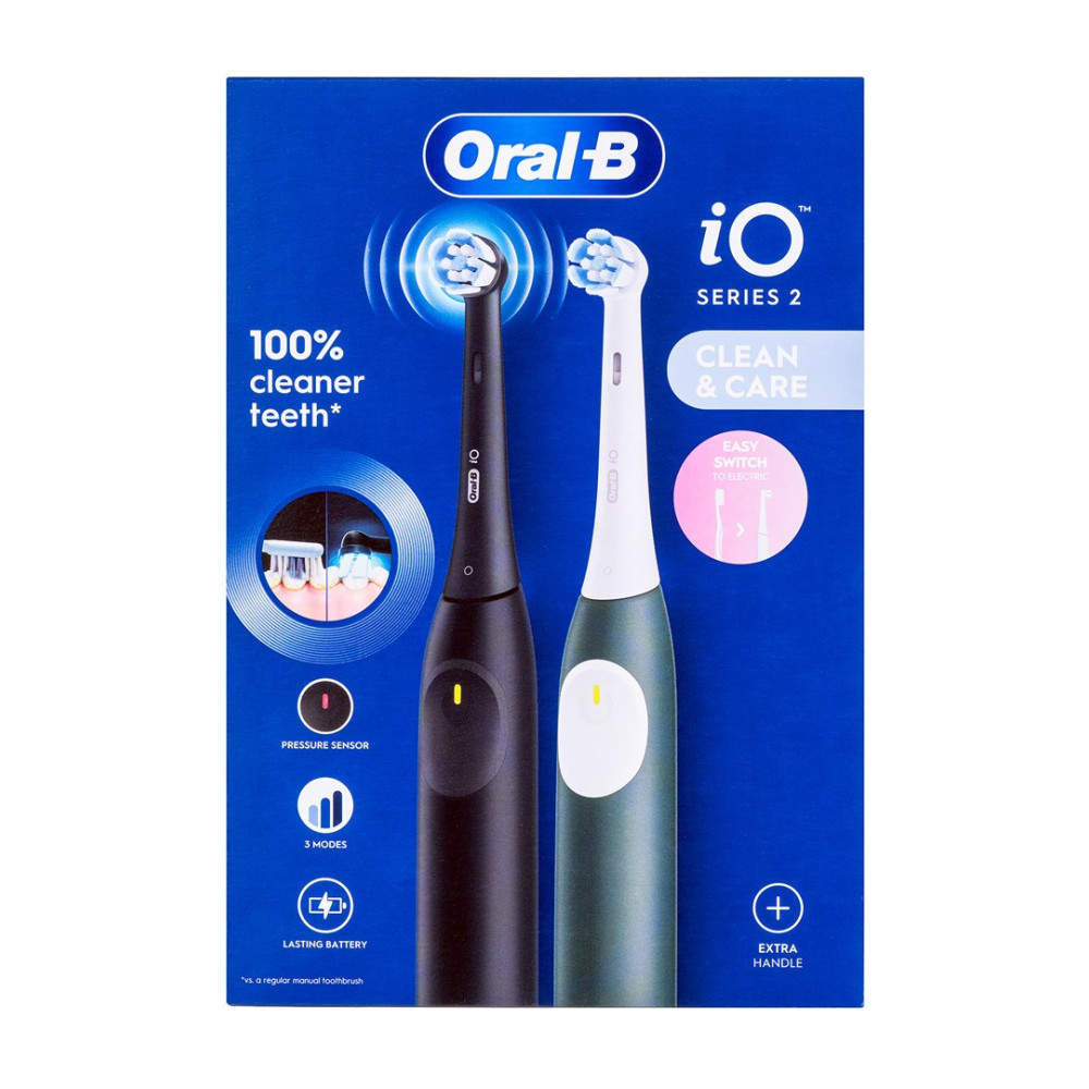 Scatola con due spazzolini elettrici Oral-B iO Series 2, neri e verdi. Caratteristiche: sensore di pressione, 3 modalità e batteria a lunga durata.