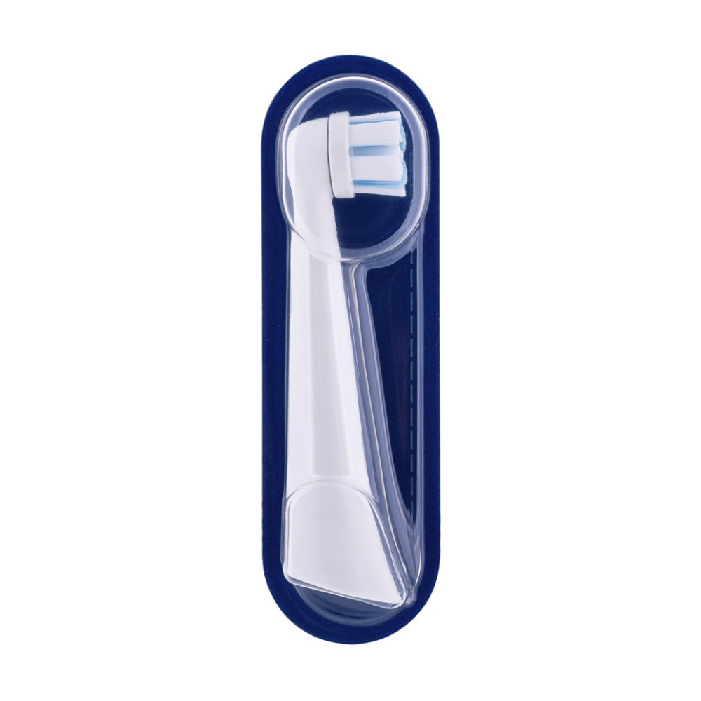 Una testina bianca per spazzolino con setole blu, racchiusa in una custodia di plastica trasparente all'interno di un contenitore ovale blu scuro.