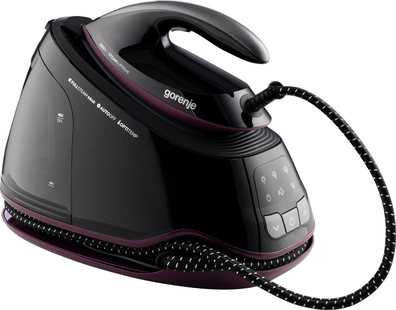 Czarno-fioletowe żelazko Gorenje Steam Supreme. Ma zbiornik na wodę, przyciski sterowania i czarno-biały przewód.