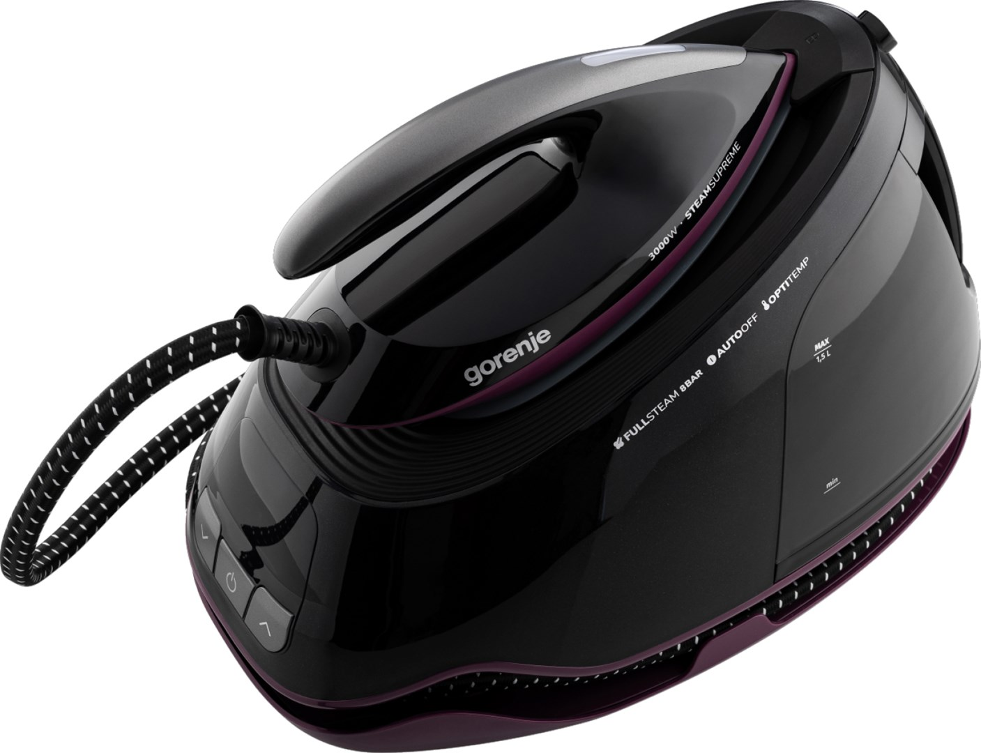 Czarno-fioletowe żelazko parowe Gorenje. Posiada uchwyt, zbiornik na wodę i przyciski sterowania, z przewodem zasilającym.