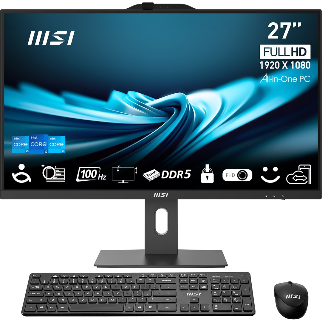 Komputer All-in-One MSI z monitorem, klawiaturą i myszką. Monitor wyświetla specyfikacje produktu oraz naklejki Intel Core i5, i7 i i3.