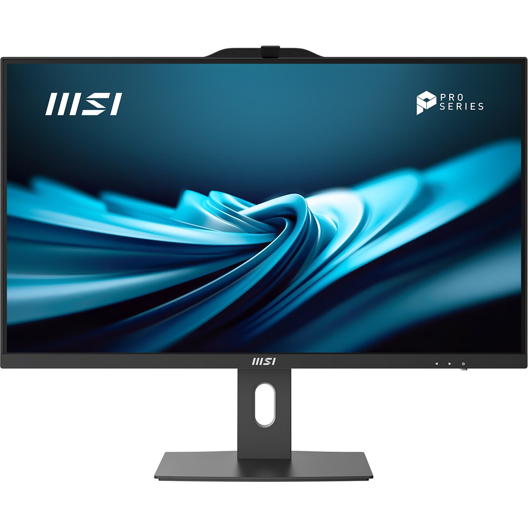 Monitor MSI z czarną ramką i podstawą. Ekran wyświetla niebieski abstrakcyjny wzór i logo MSI. Kamera internetowa widoczna na górze.