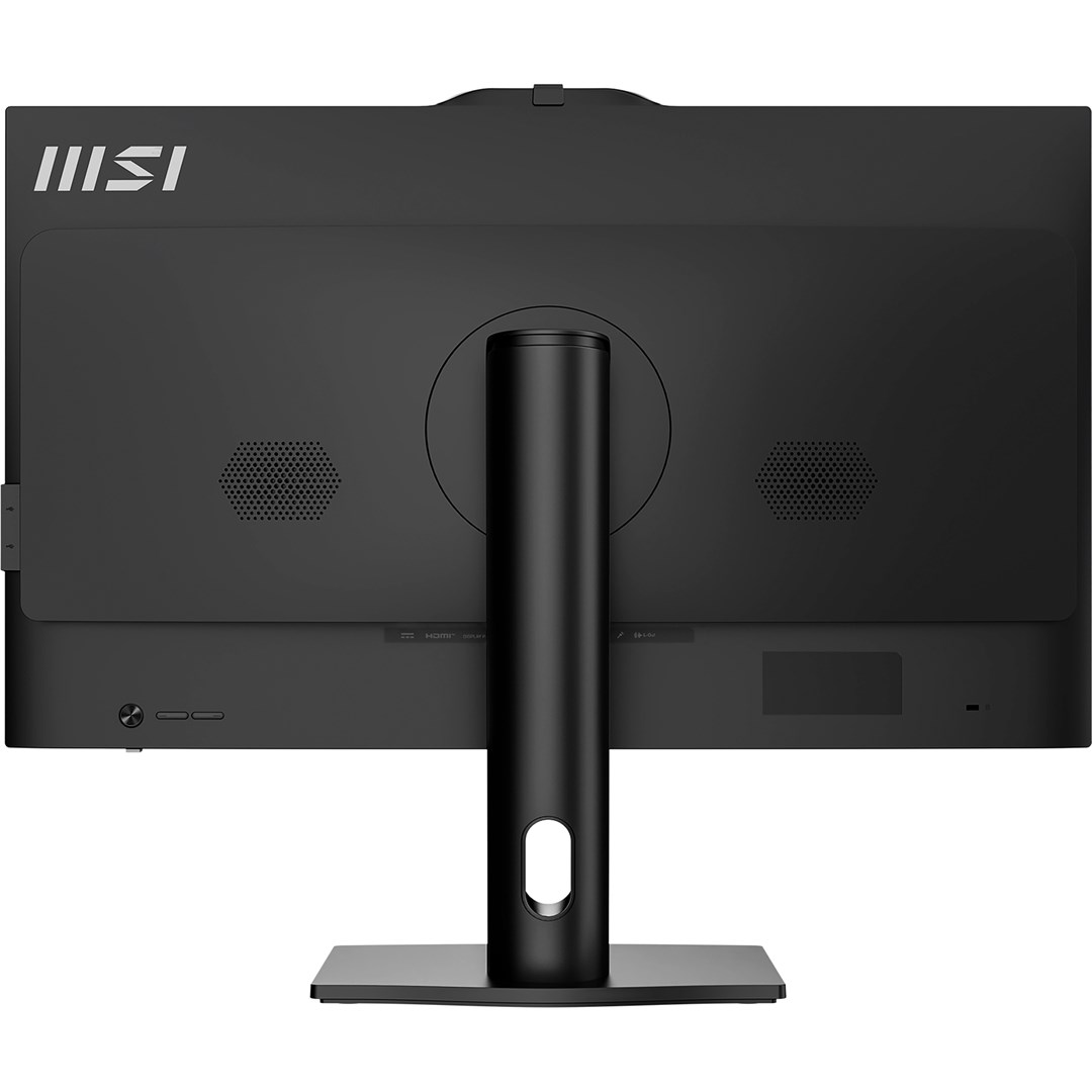 Pokazano tył czarnego monitora MSI. Centralna podstawka podtrzymuje ekran. Widoczne porty i logo MSI.