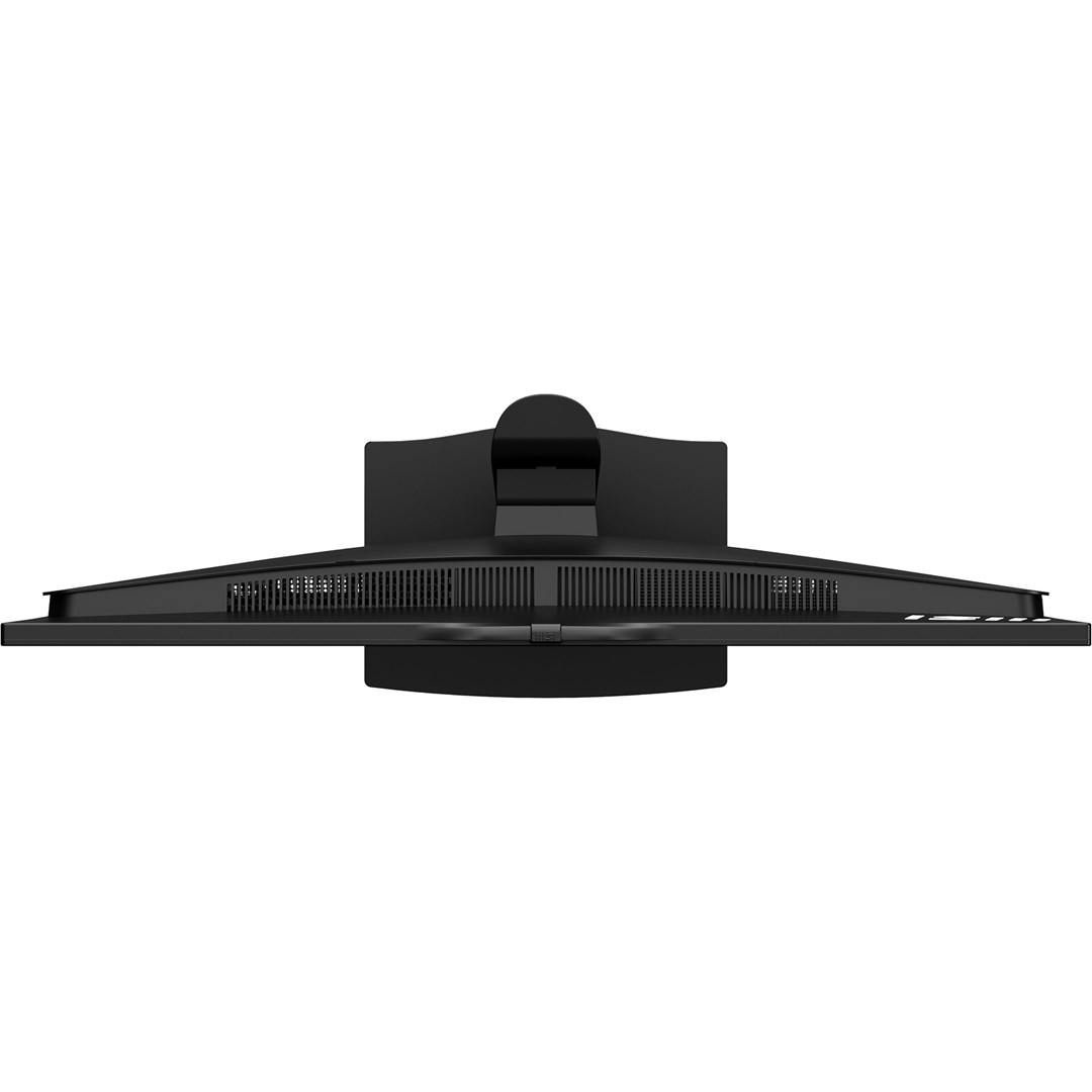 Widok z góry na czarny monitor komputera. Ekran jest czarny. Podstawa jest również czarna, z zaokrągloną górą i prostokątną podstawą.