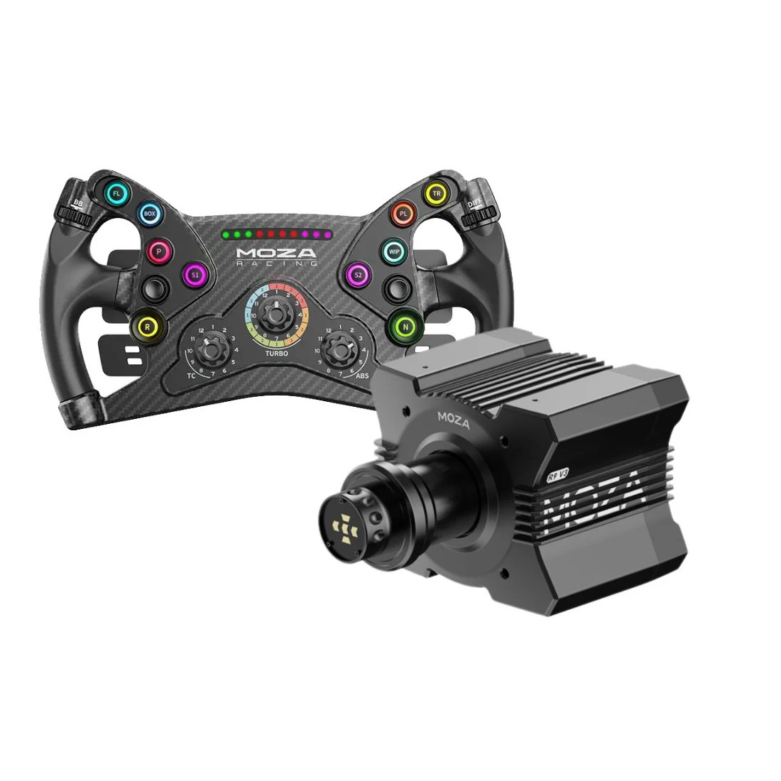 Un volant de course et une base moteur. Le volant est noir avec des boutons colorés. La base moteur est noire avec le logo MOZA.