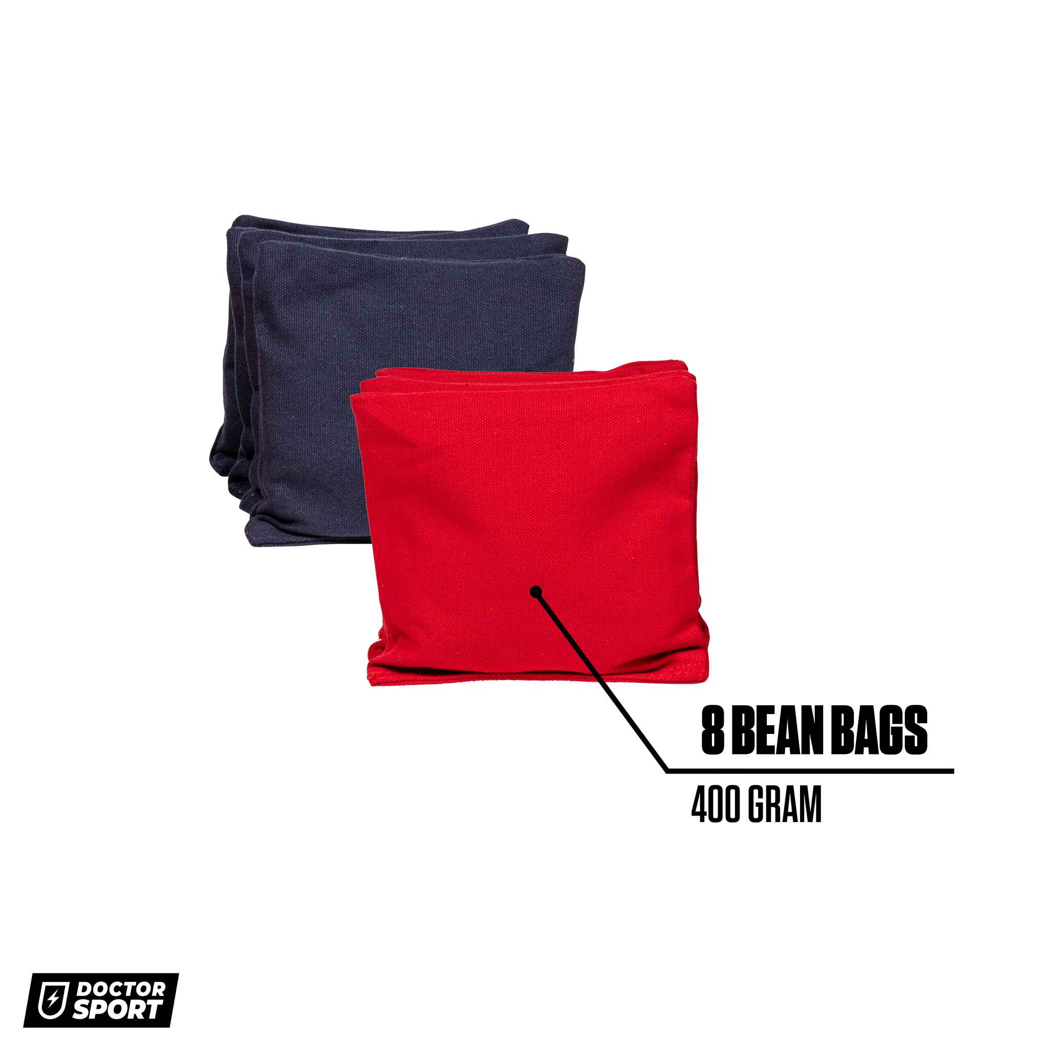 Zwei Stapel Beanbags, einer rot, einer blau. Text: 8 Beanbags, 400 Gramm. Doctor Sport Logo.