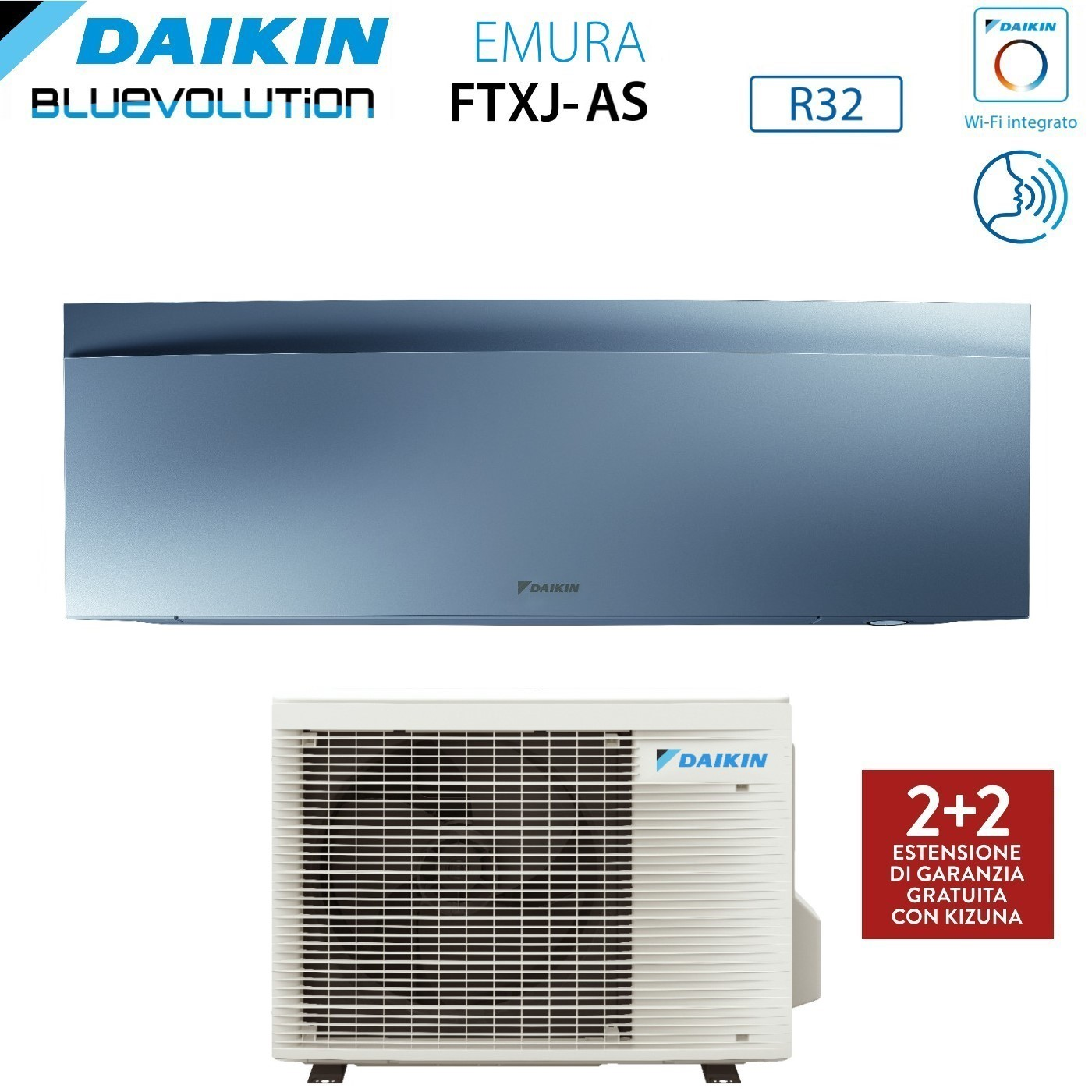 Un sistema di climatizzazione Daikin. Mostra l'unità interna blu e l'unità esterna bianca, con testo sulle funzionalità.