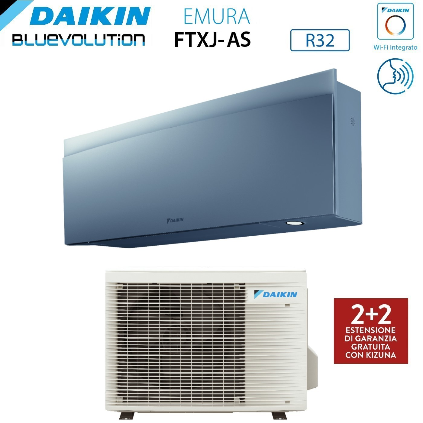 Un condizionatore Daikin con unità interna blu e unità esterna bianca. Il testo include 'EMURA', 'R32' e '2+2 anni di garanzia'.