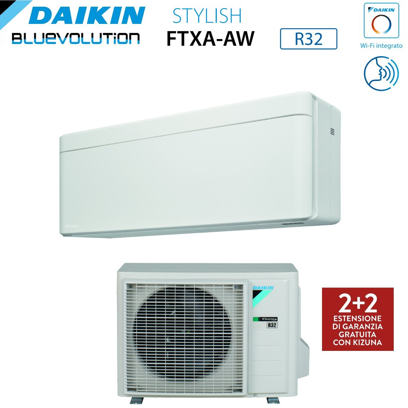 L'immagine mostra unità di condizionamento Daikin. L'unità interna è bianca e rettangolare. L'unità esterna è grigia. Il testo include 'Stylish' e 'R32'.
