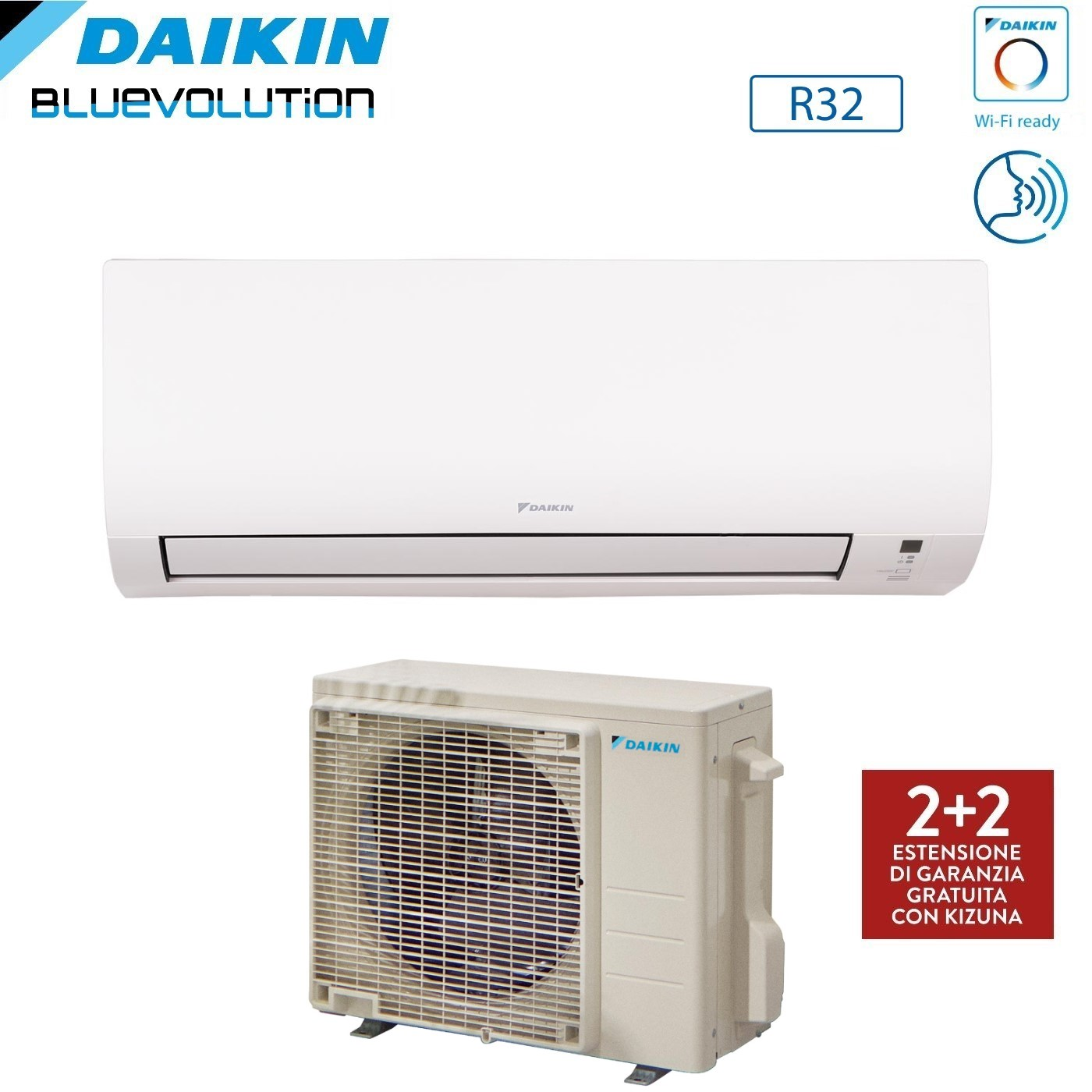 Un sistema di climatizzazione Daikin. Include un'unità interna, un'unità esterna e un'etichetta rossa con testo italiano. Wi-Fi ready.