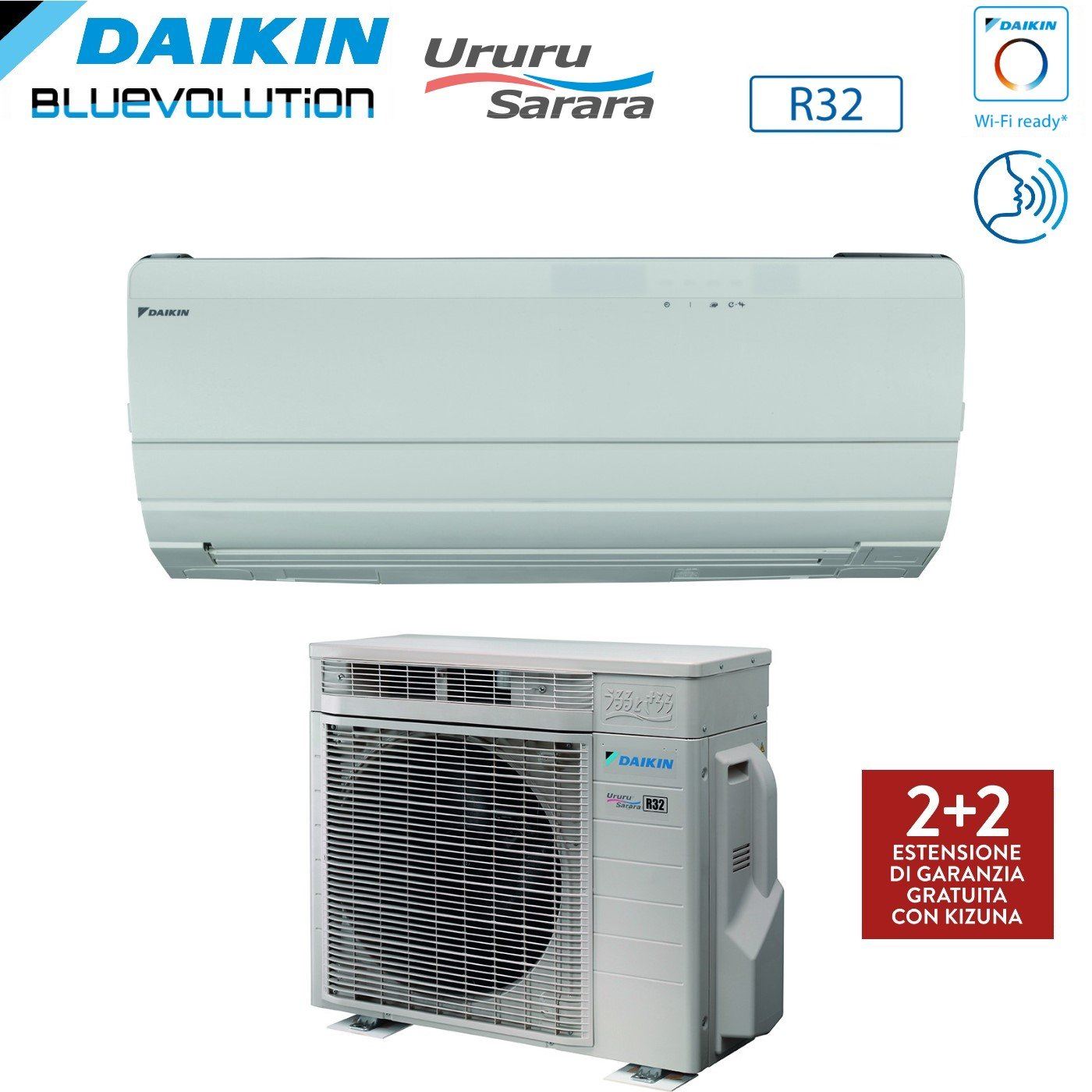 Un sistema di climatizzazione Daikin. Include un'unità interna e un compressore esterno. Il testo sull'unità dice 'Ururu Sarara'.