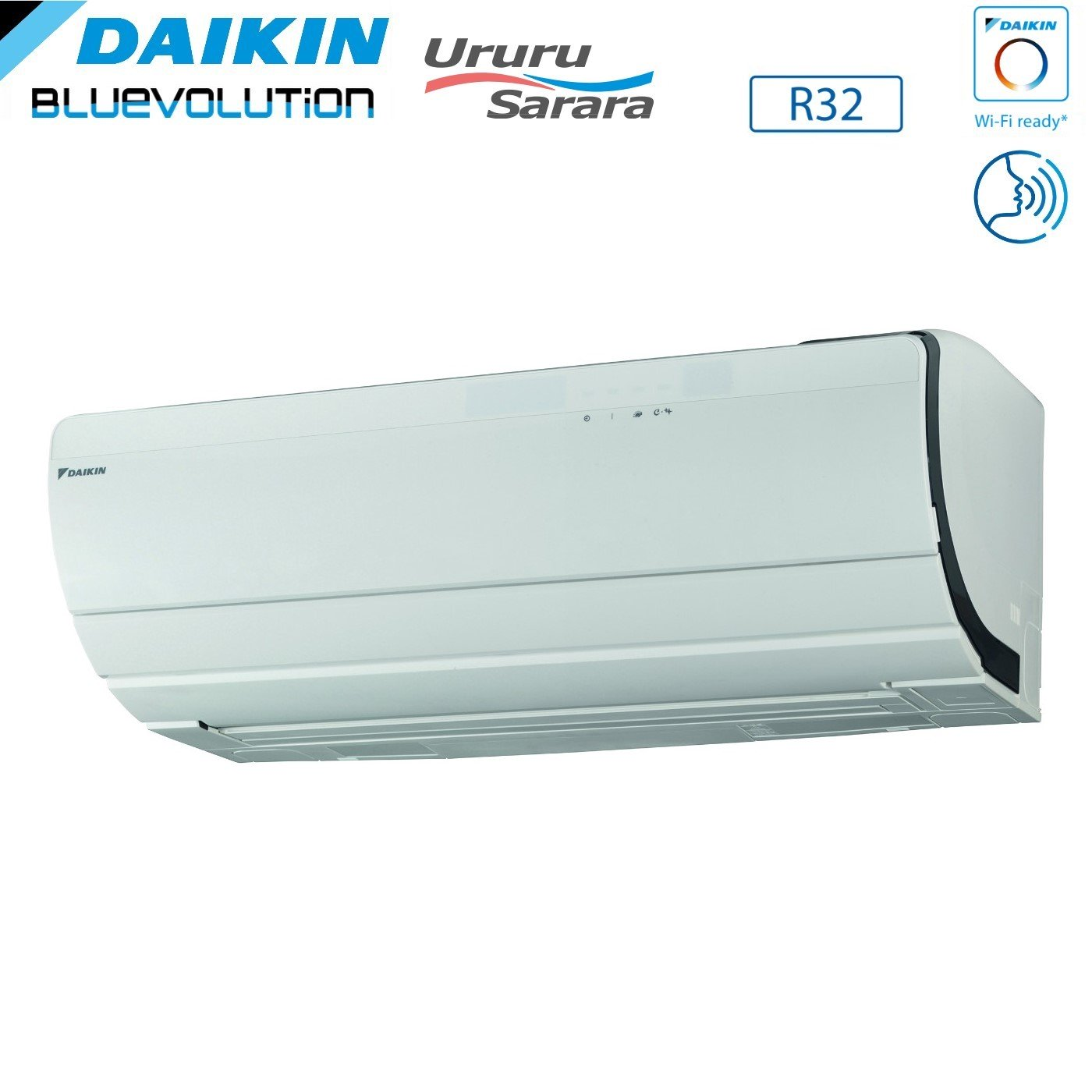 Condizionatore Daikin bianco con dettagli neri. Loghi Daikin e Bluevolution, e 'R32'. Include il simbolo Wi-Fi ready.