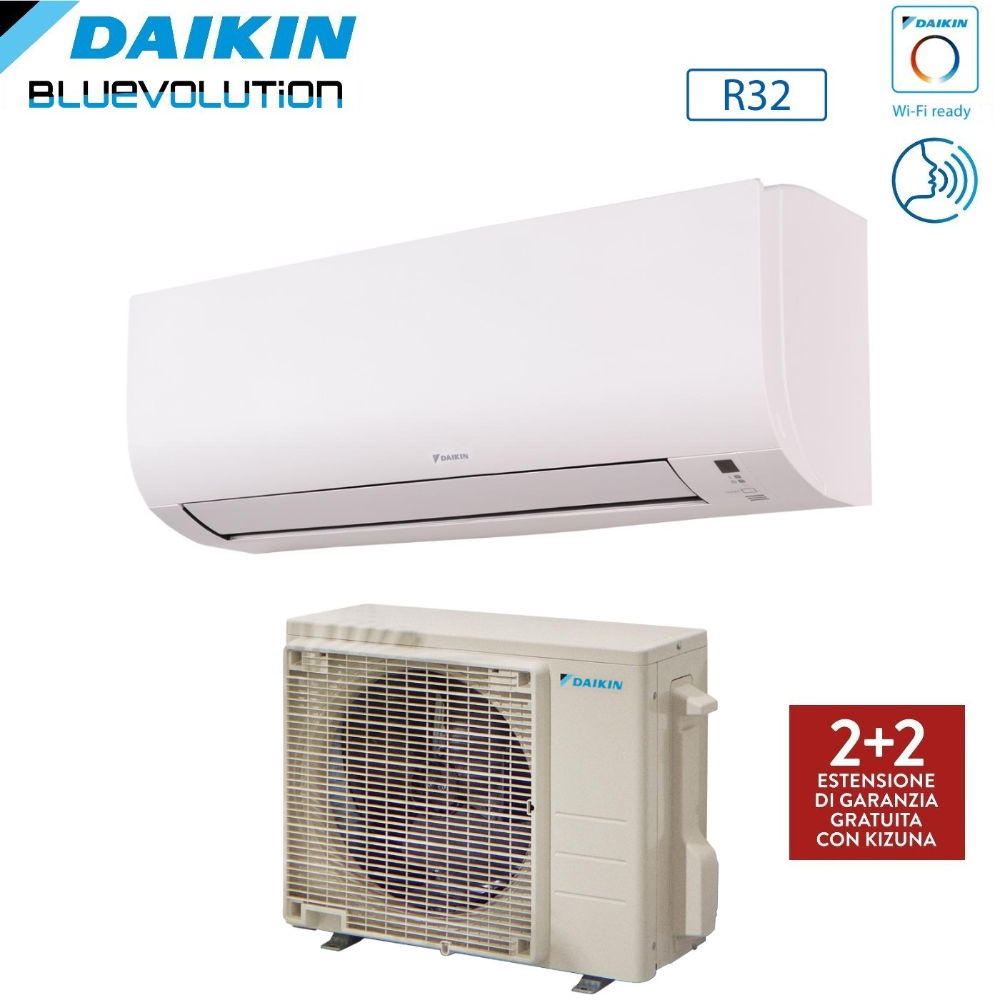 Sistema di climatizzazione Daikin. Unità interna bianca sopra un'unità esterna beige. Il testo include "R32" e "Wi-Fi ready".