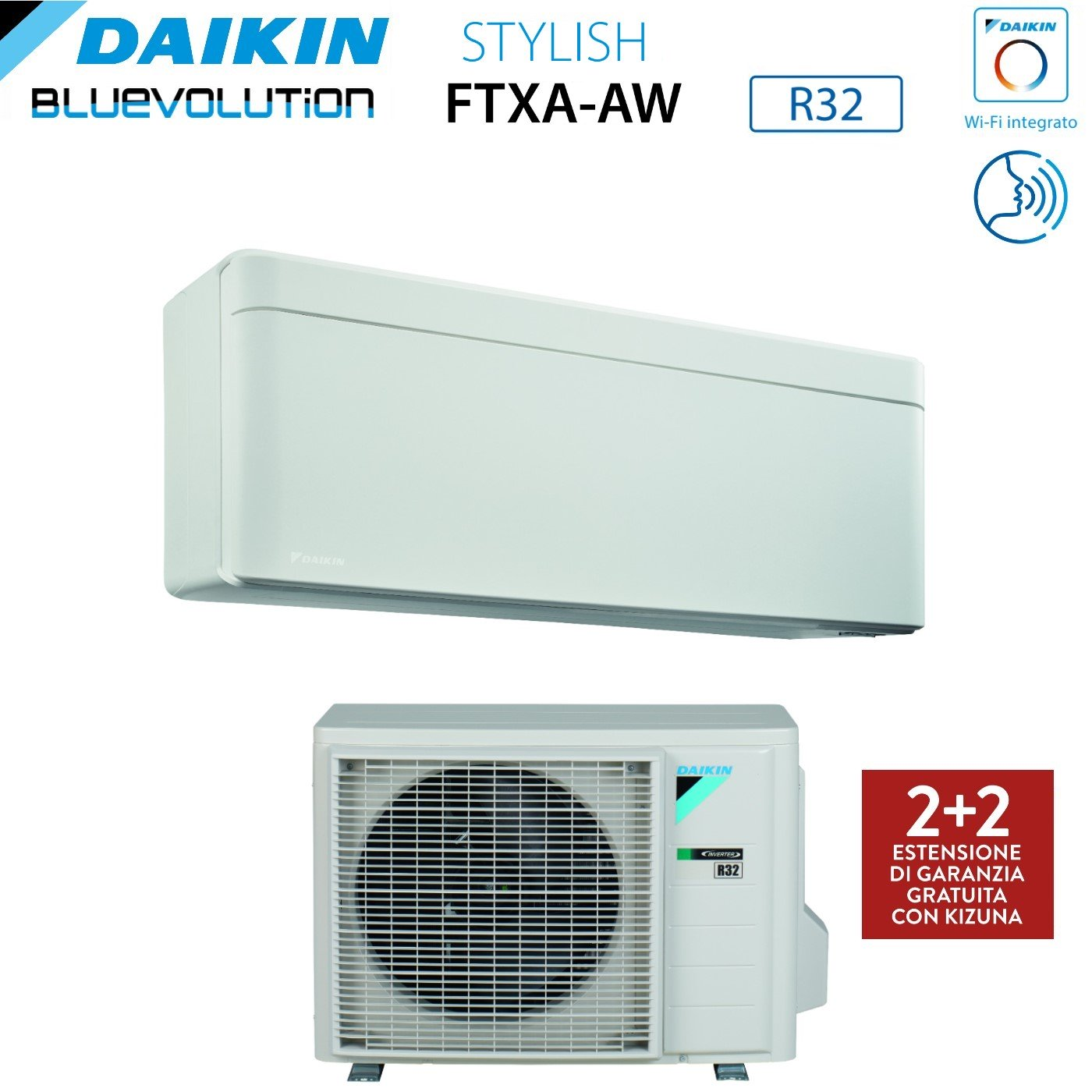Un condizionatore Daikin bianco, con componente interno ed esterno. L'unità esterna ha una griglia nera. Il testo include 'Stylish' e 'R32'.