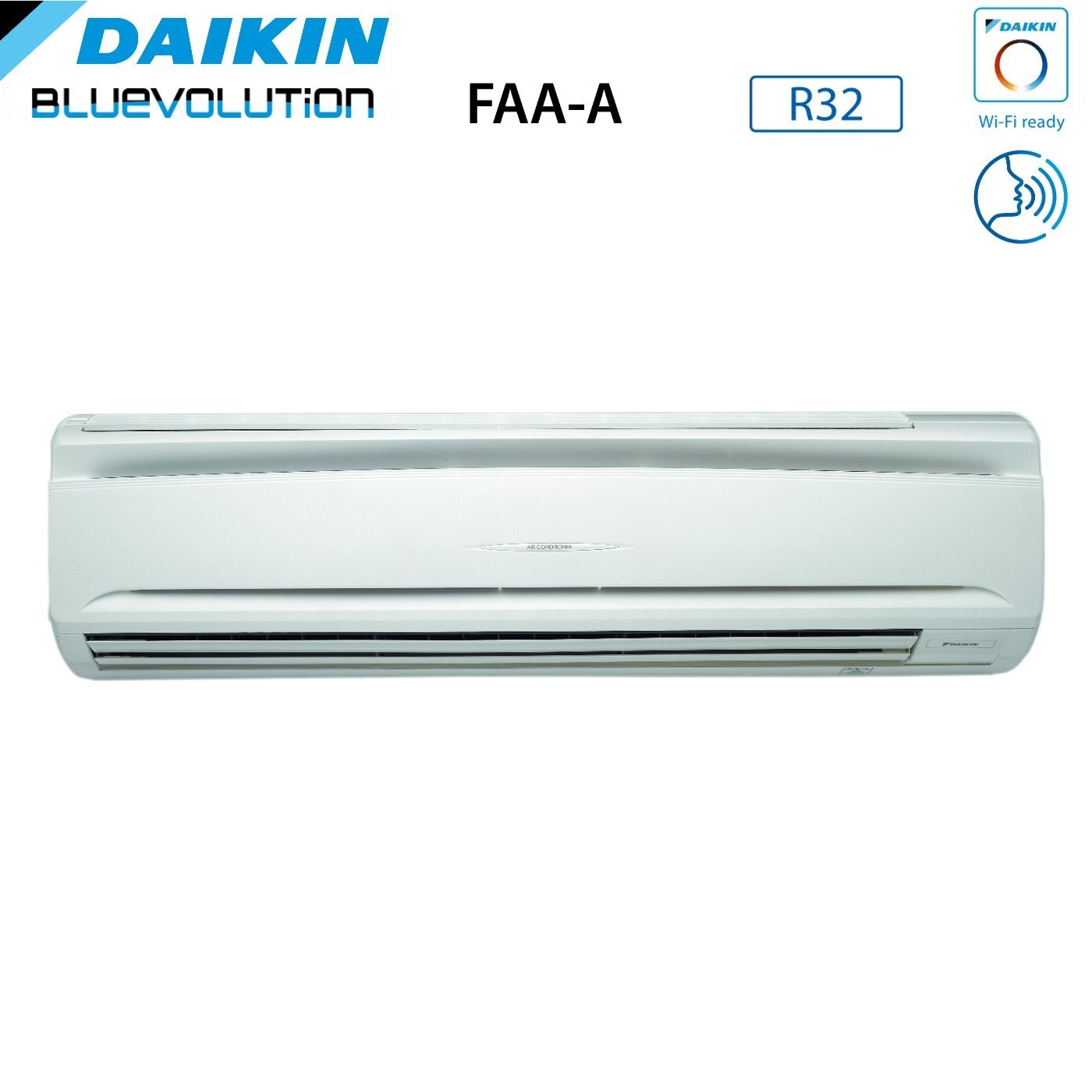 Un condizionatore Daikin bianco. Il testo include "Bluevolution", "FAA-A", "R32" e il simbolo Wi-Fi ready.