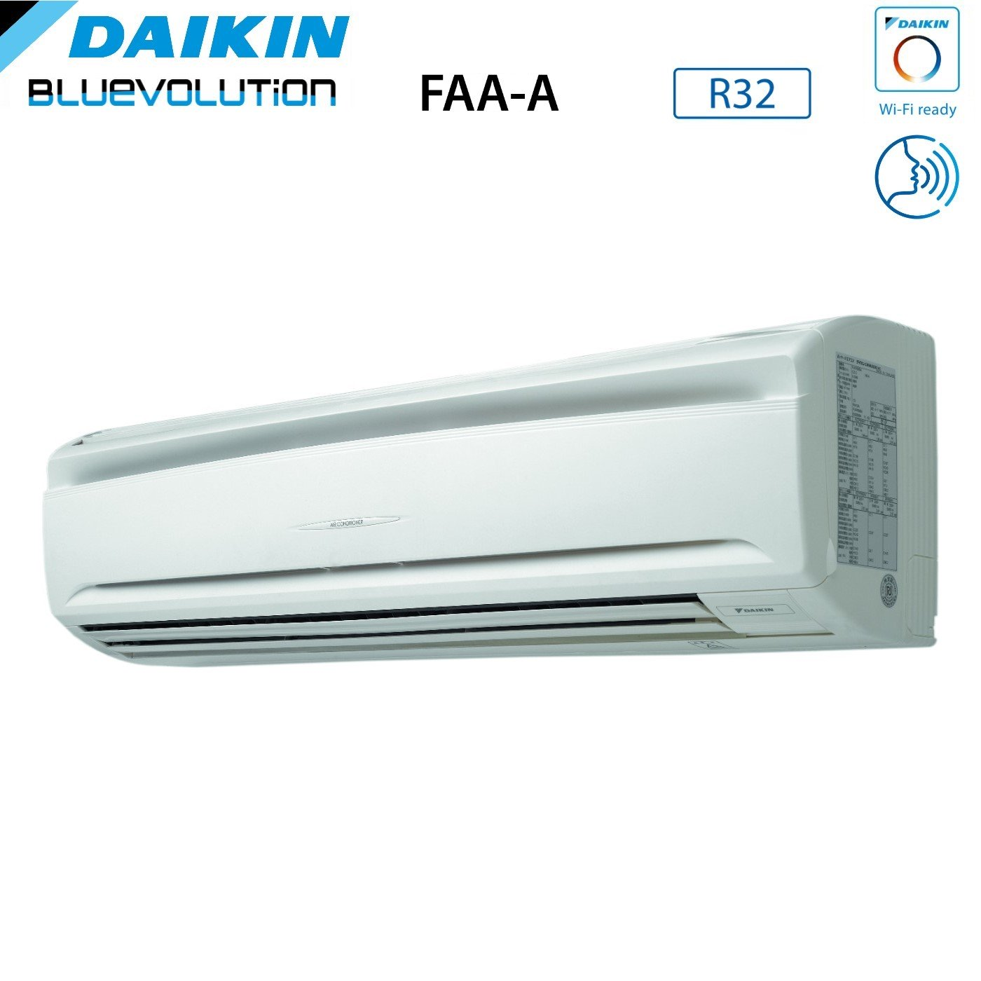 Condizionatore Daikin bianco con fessure nere. Loghi: 'Daikin', 'Bluevolution', 'FAA-A', 'R32' e simbolo Wi-Fi.