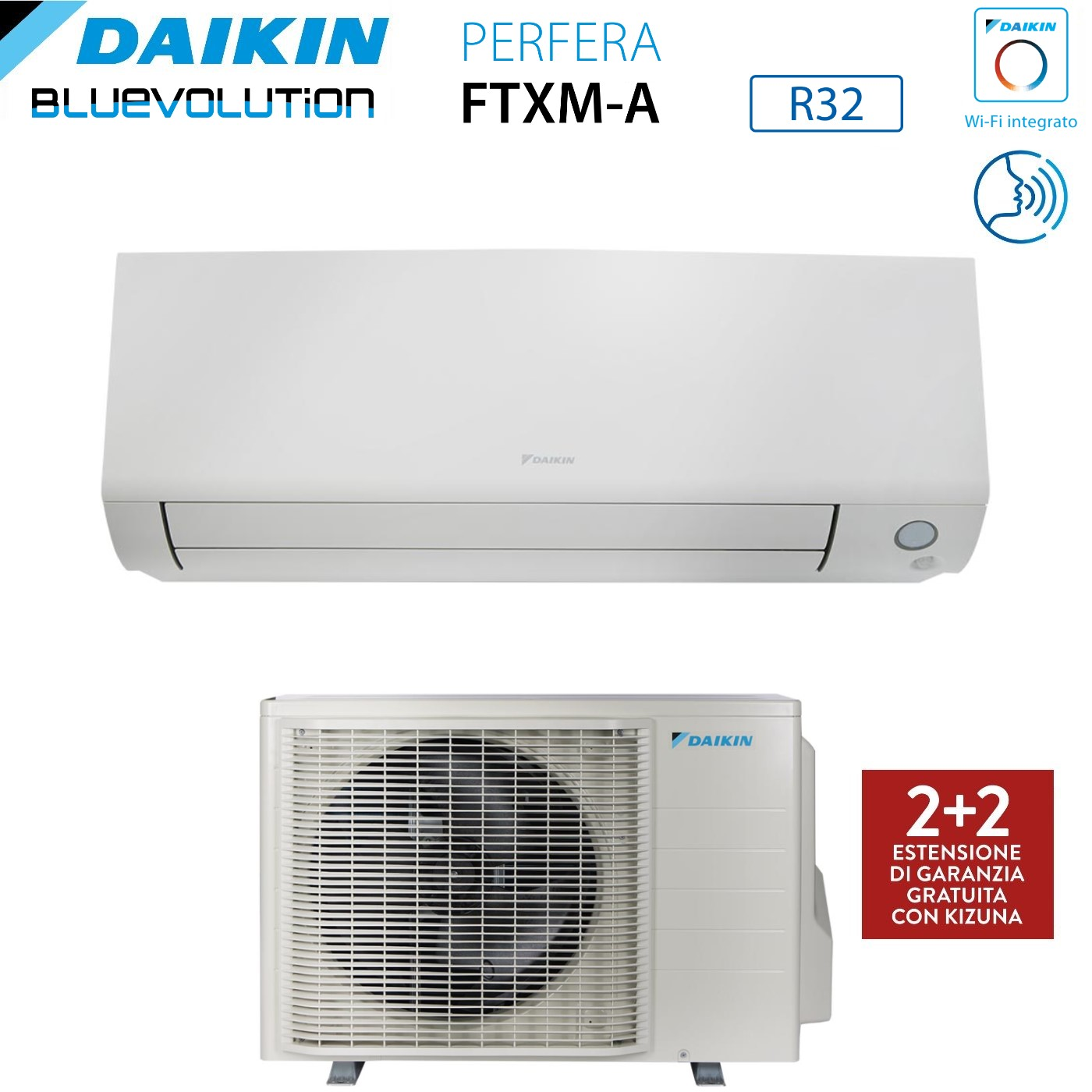 Un sistema di climatizzazione, marchio Daikin. L'unità superiore è interna, quella inferiore è esterna. Il testo include 'PERFERA', 'FTXM-A' e 'R32'.