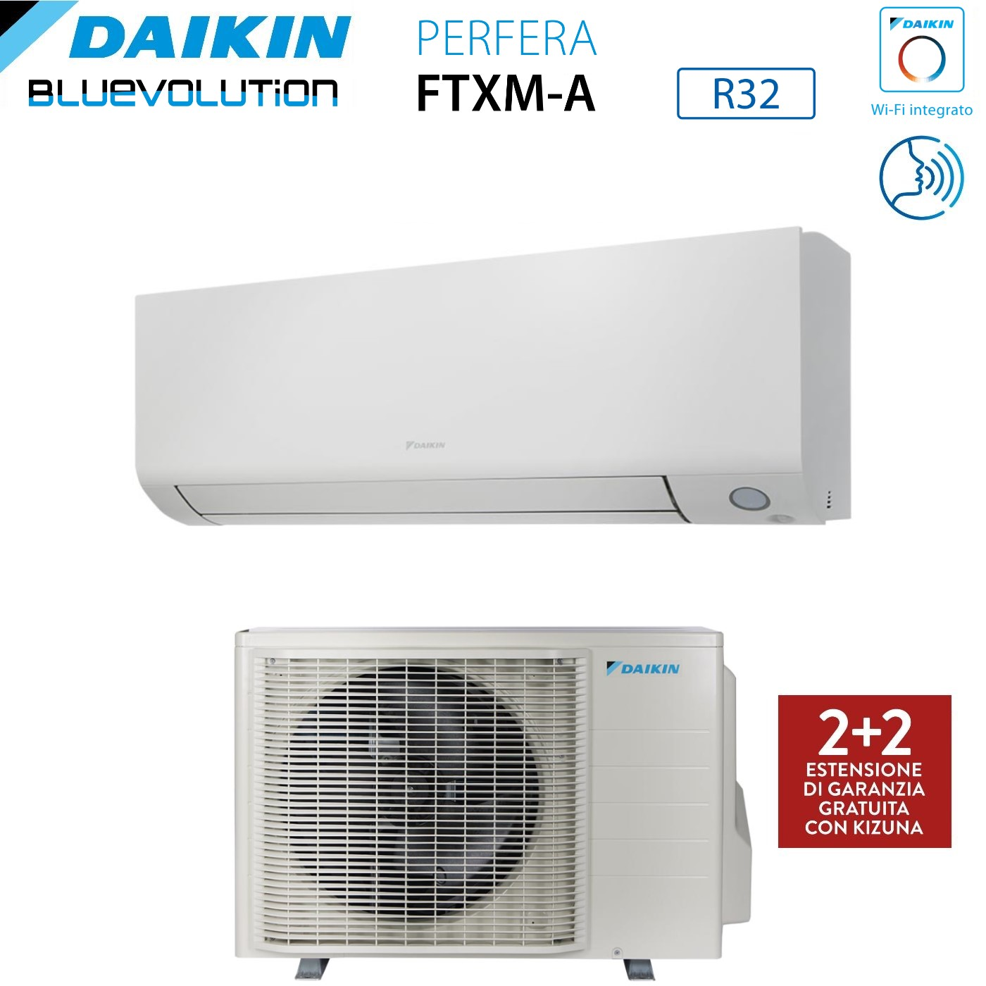 Viene mostrato un sistema di climatizzazione Daikin. Presenta un'unità interna sopra e una esterna sotto, con loghi e testo sovrapposti.