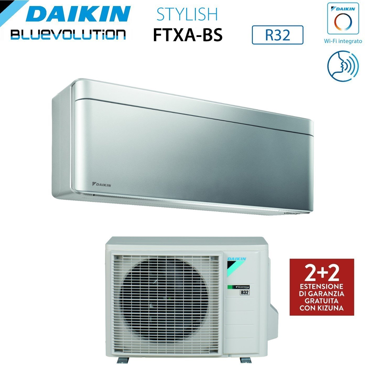 Unità di condizionamento Daikin. Sono mostrate unità interne ed esterne. Testo: 'Stylish', 'FTXA-BS', 'R32'. Offerta di garanzia in vista.